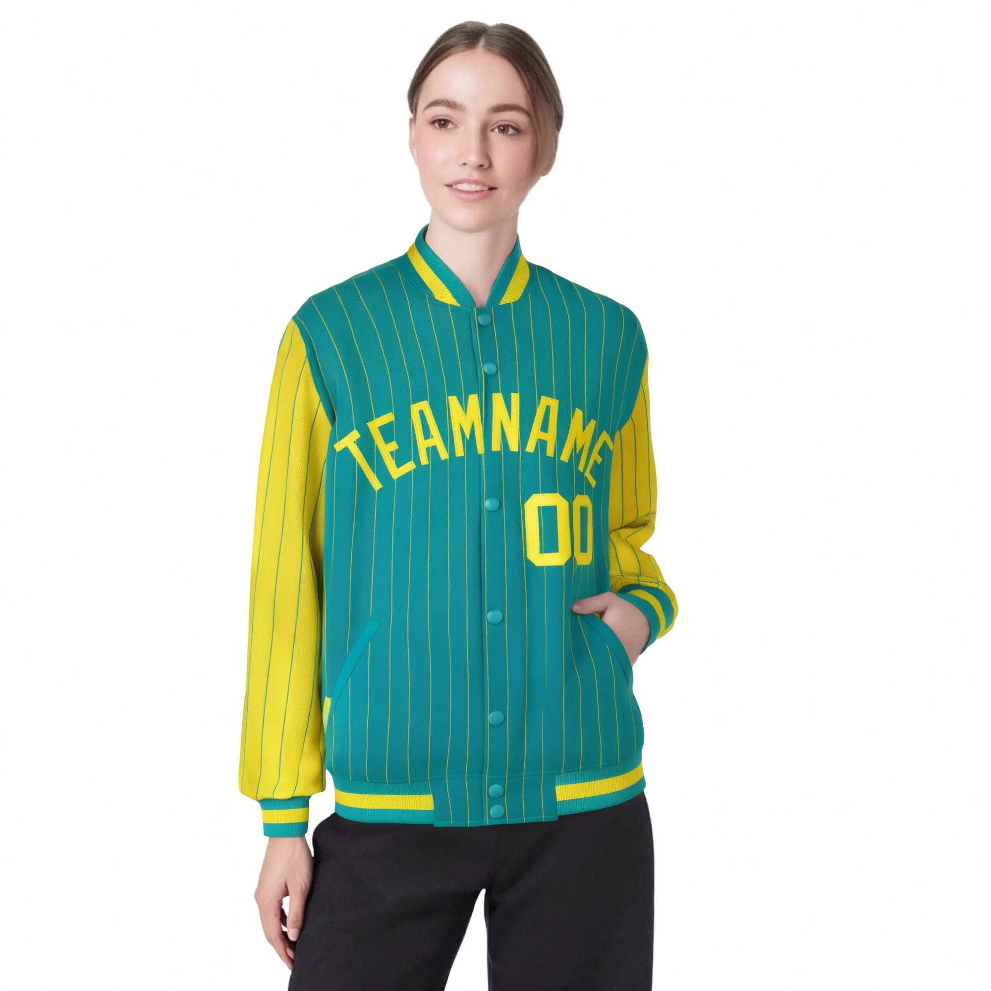 Custom Aqua Gold Pinstripe Gold Bomber Full-Snap Varsity Letterman Jacket