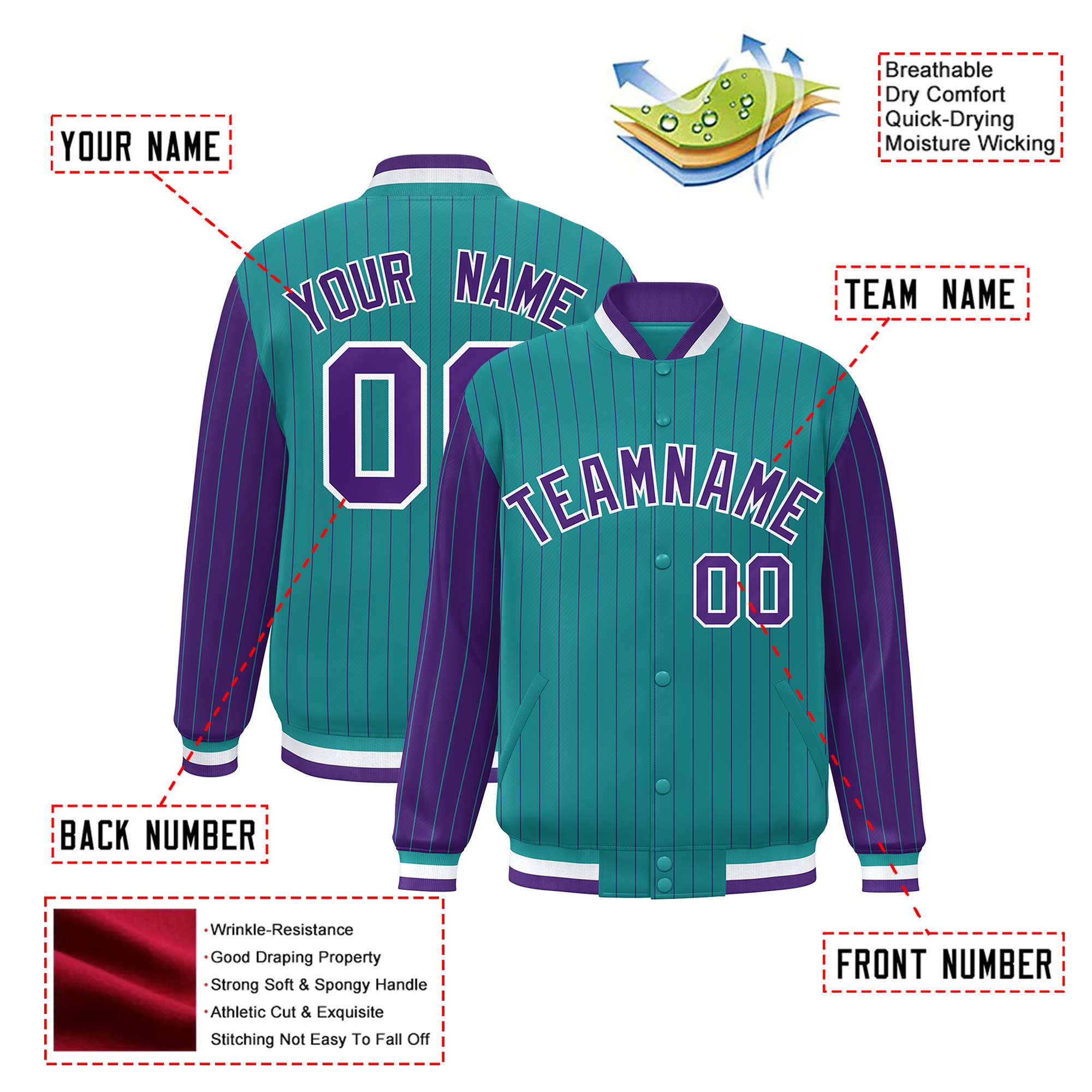 Custom Aqua Purple Pinstripe White-Purple Bomber Full-Snap Varsity Letterman Jacket