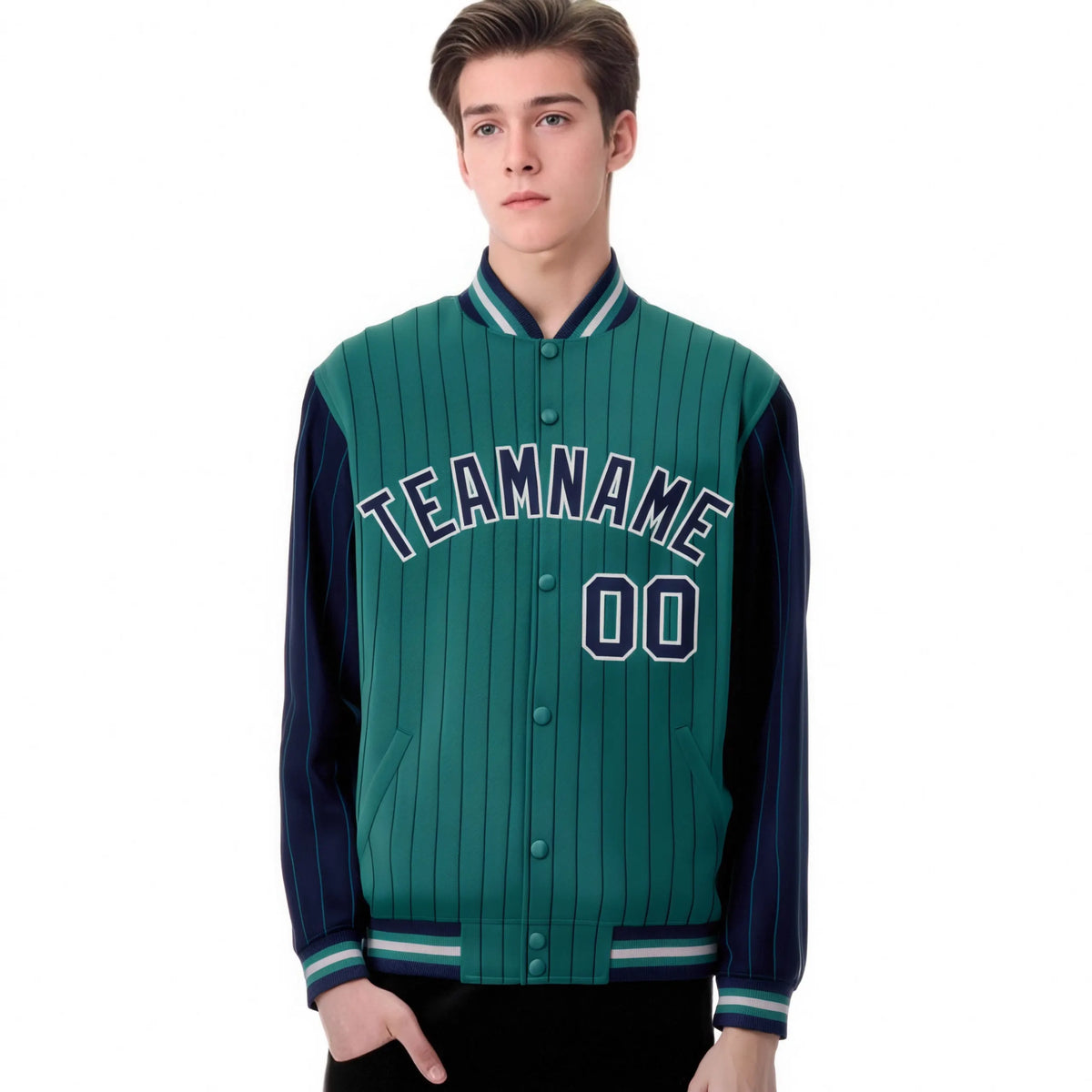 Custom Midnight Green Navy Pinstripe Gray-Navy Bomber Full-Snap Varsity Letterman Jacket