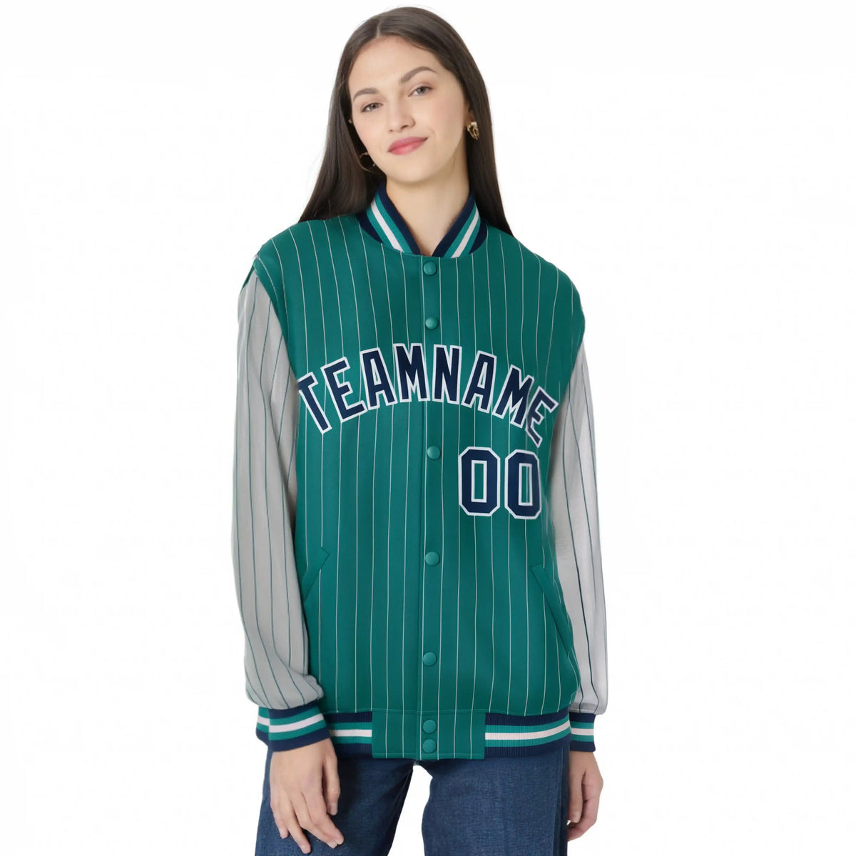 Custom Green Gray Pinstripe Gray-Navy Bomber Full-Snap Varsity Letterman Jacket