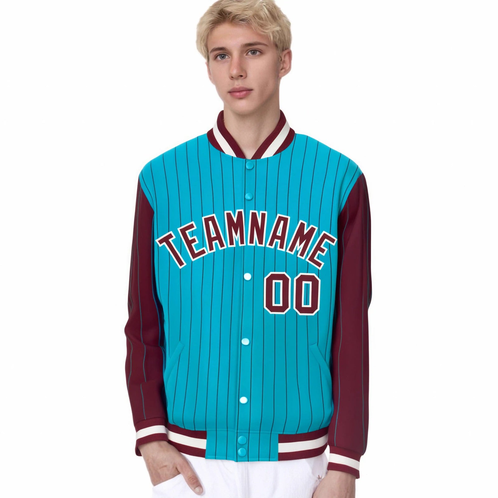 Custom Aqua Crimson Pinstripe White-Crimson Bomber Full-Snap Varsity Letterman Jacket