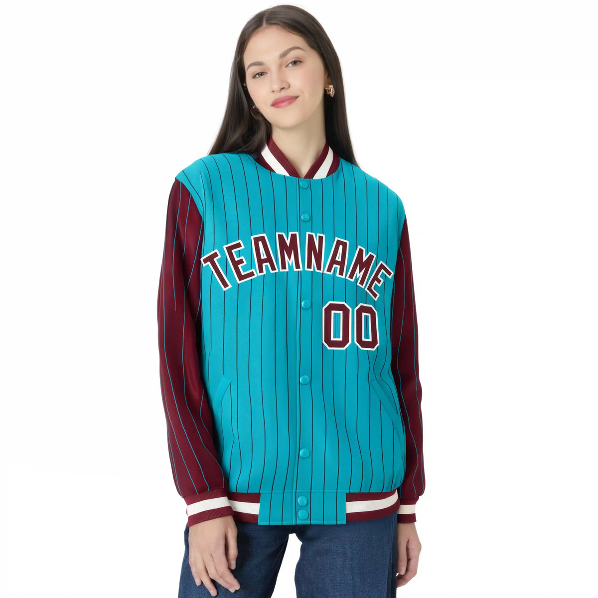 Custom Aqua Crimson Pinstripe White-Crimson Bomber Full-Snap Varsity Letterman Jacket