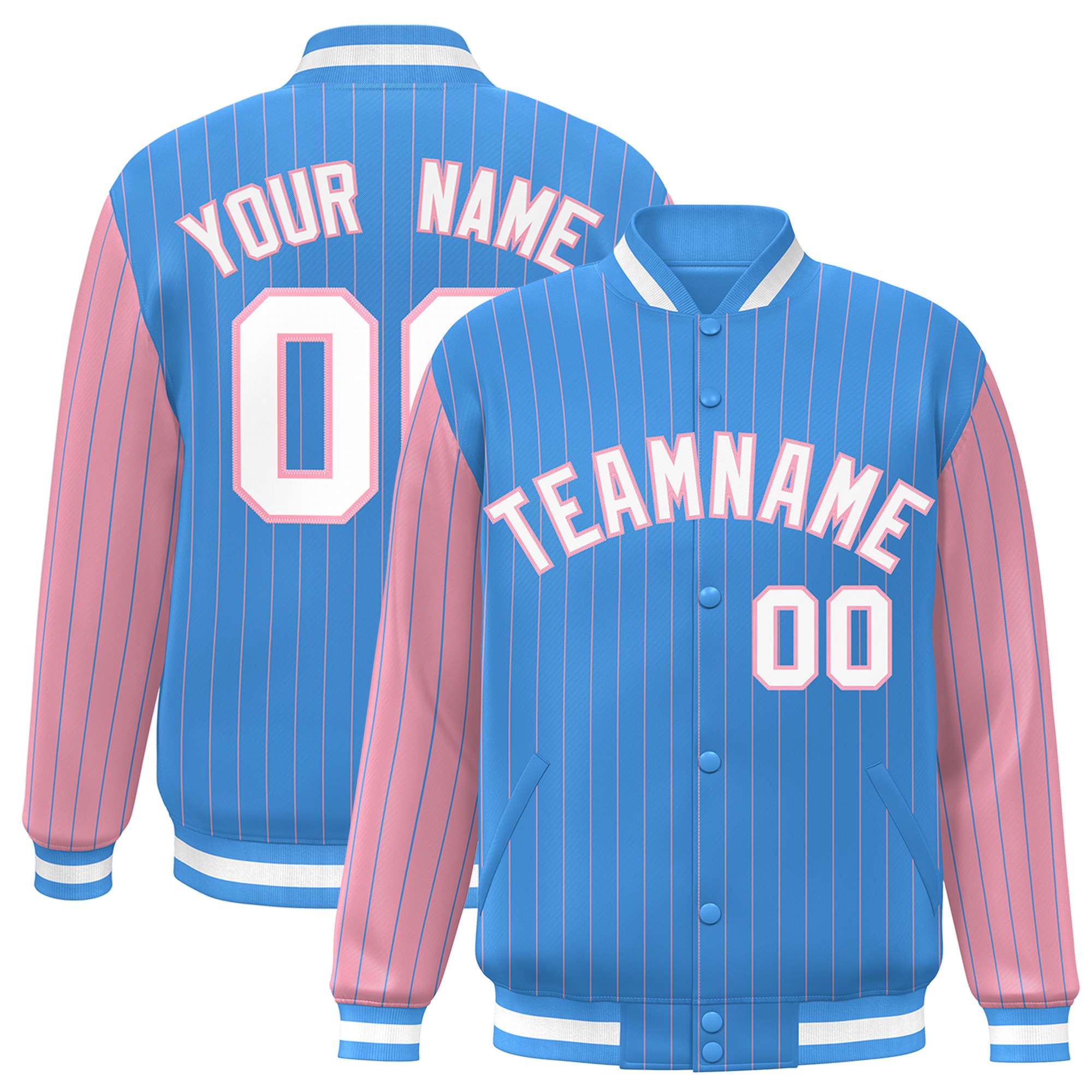 Custom Light Blue Light-Pink Pinstripe White Light-Pink Bomber Full-Snap Varsity Letterman Jacket