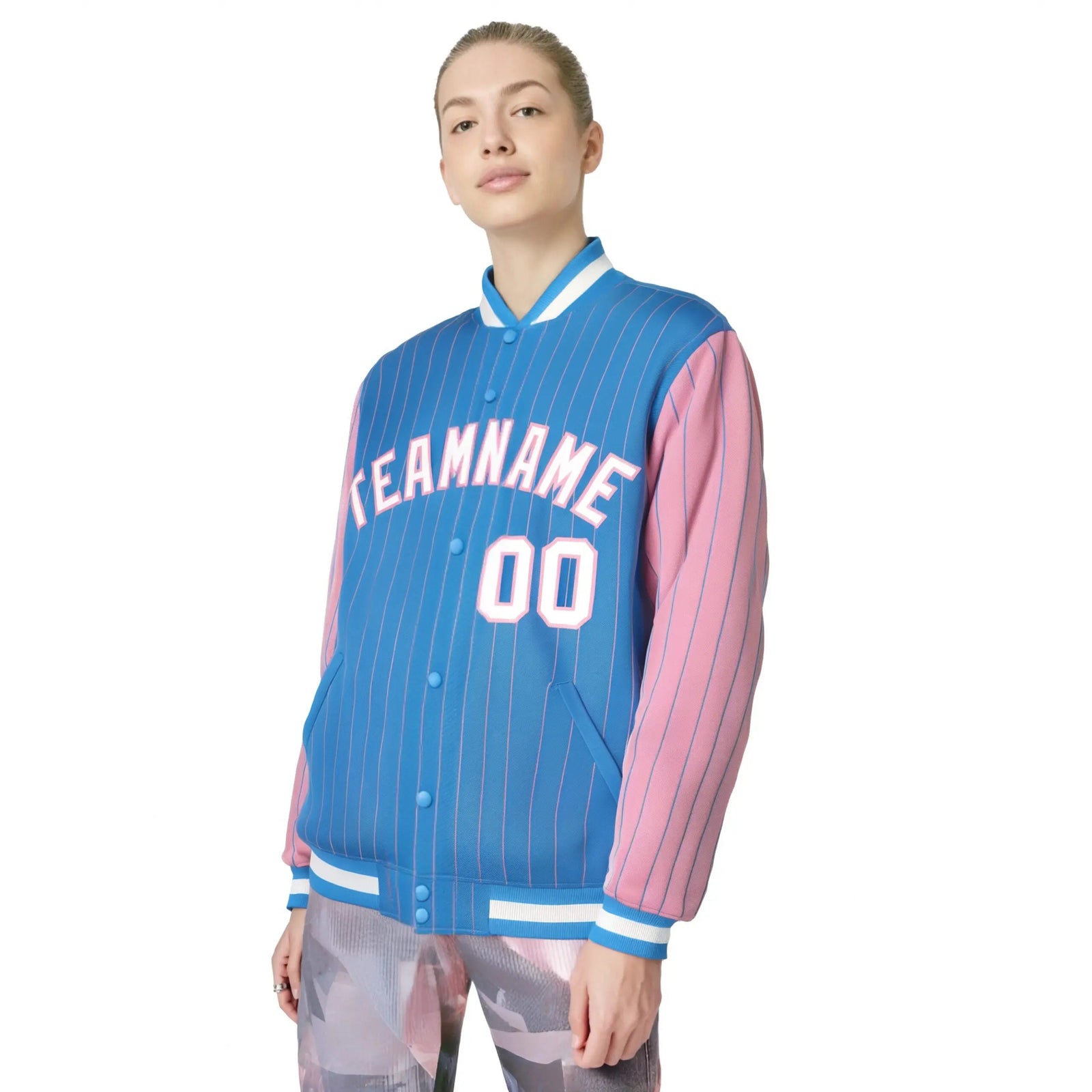 Custom Light Blue Light-Pink Pinstripe White Light-Pink Bomber Full-Snap Varsity Letterman Jacket