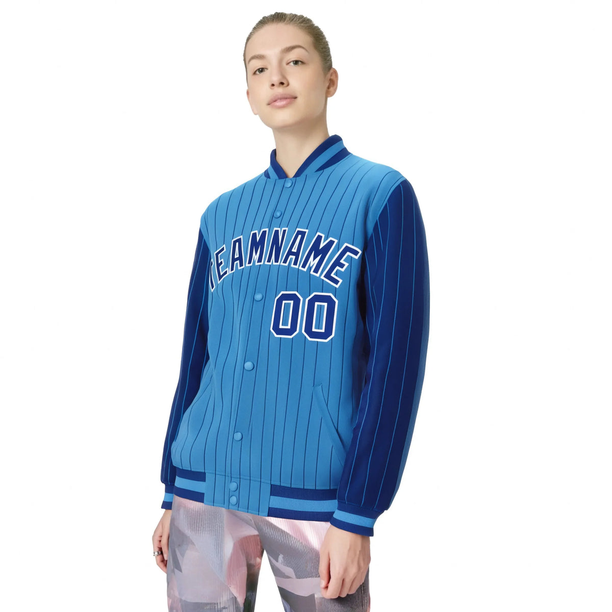 Custom Powder Blue Pink Pinstripe White-Pink Bomber Full-Snap Varsity Letterman Jacket