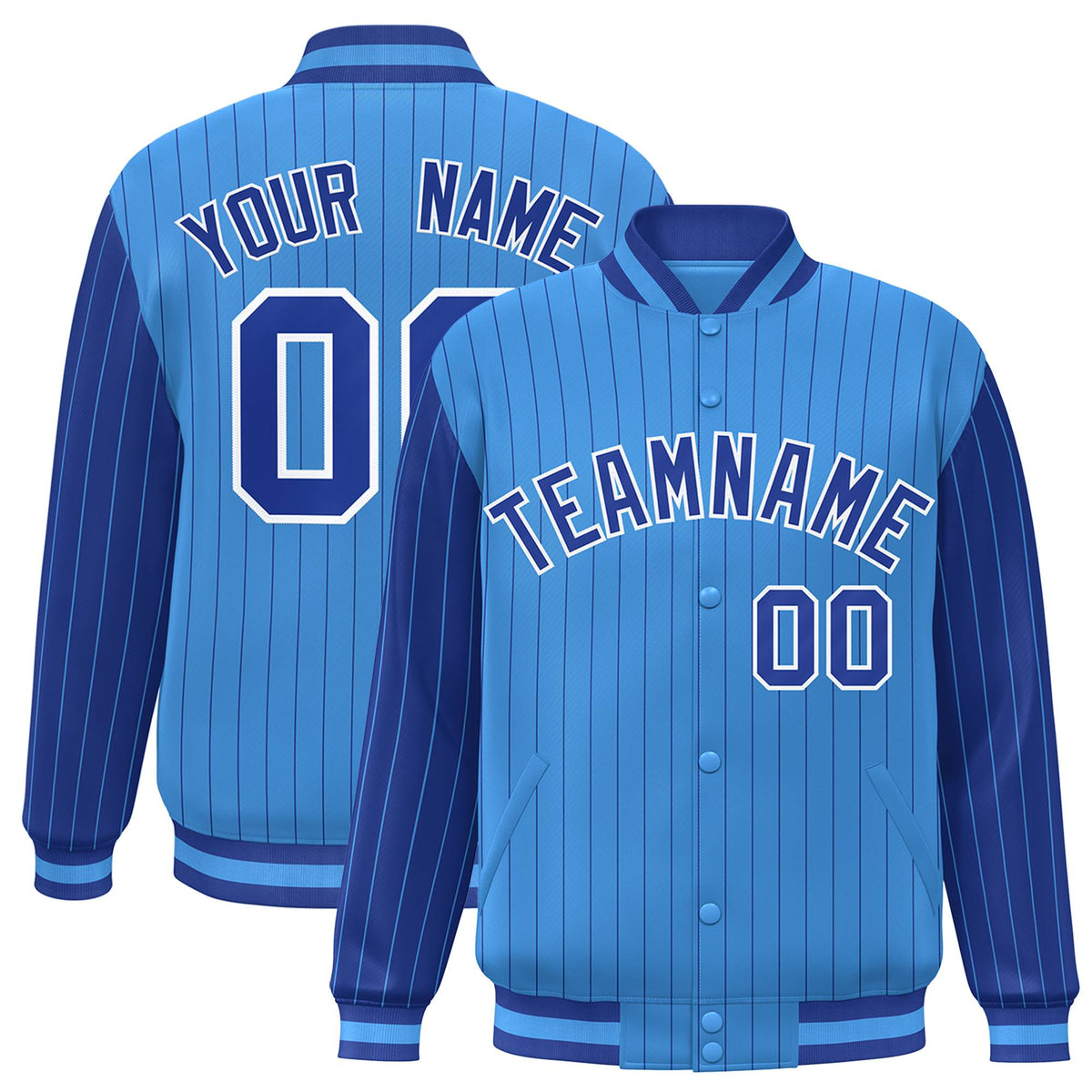 Custom Powder Blue Royal-Blue Pinstripe White Royal-Blue Bomber Full-Snap Varsity Letterman Jacket