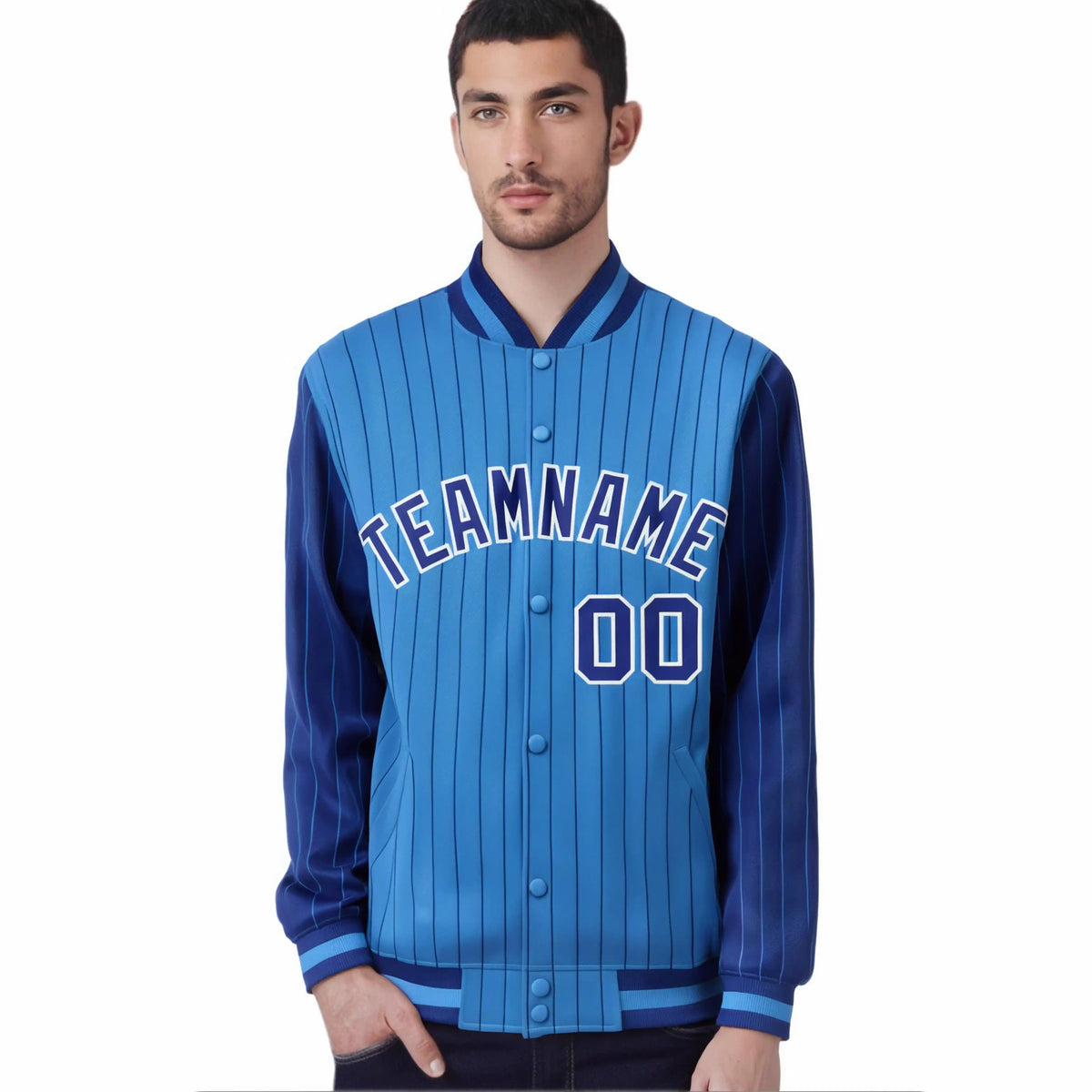 Custom Powder Blue Royal-Blue Pinstripe White Royal-Blue Bomber Full-Snap Varsity Letterman Jacket