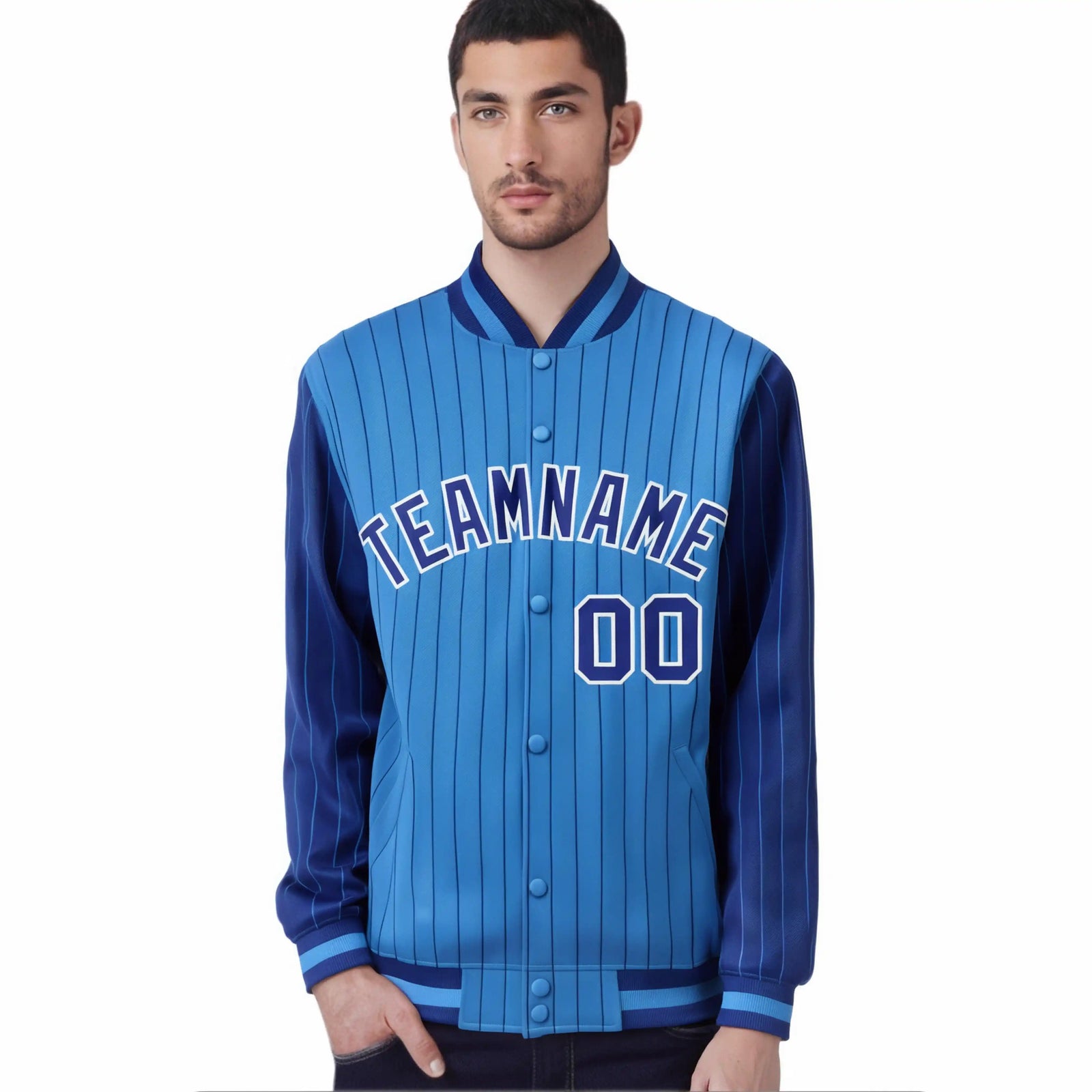 Custom Powder Blue Royal-Blue Pinstripe White Royal-Blue Bomber Full-Snap Varsity Letterman Jacket