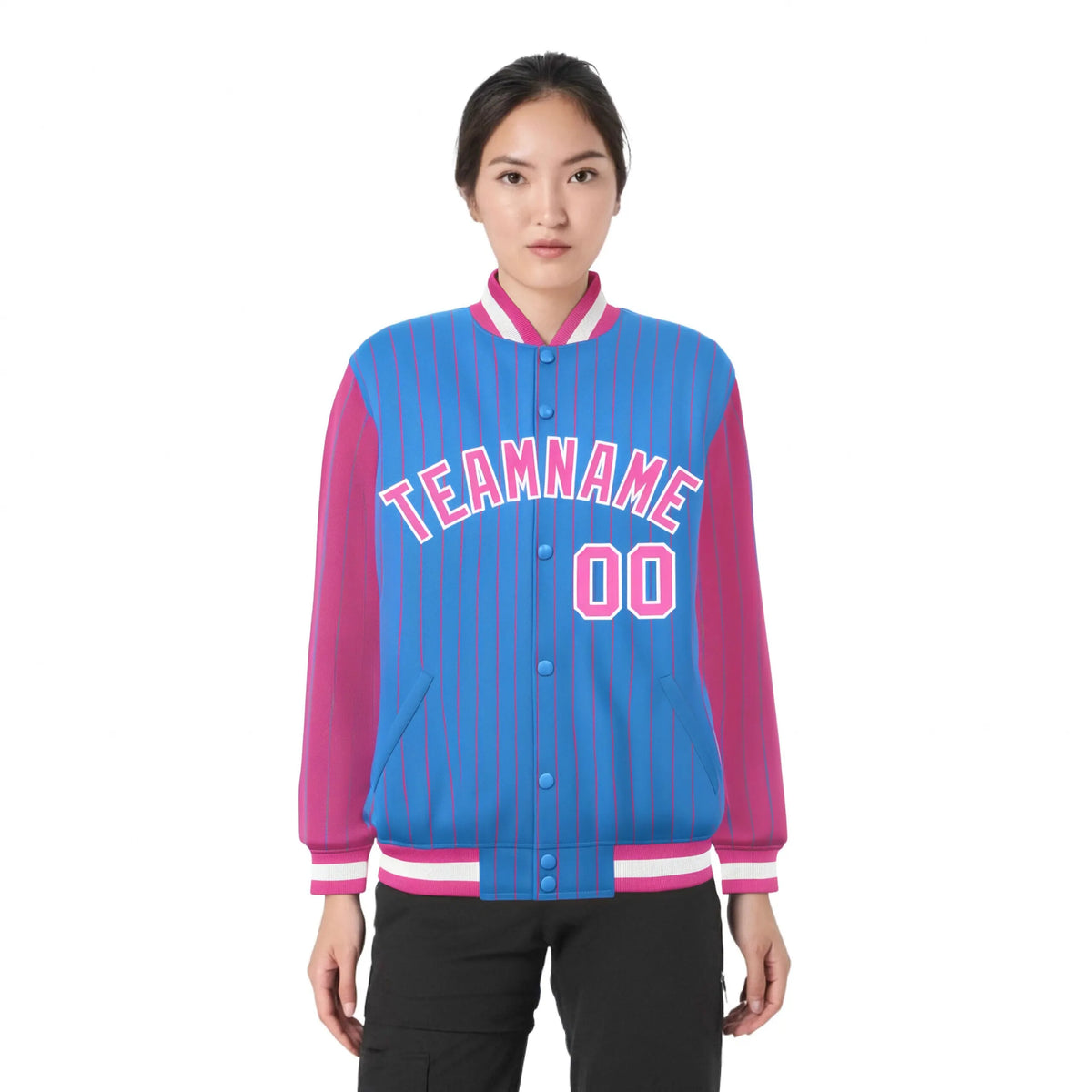 Custom Powder Blue Royal-Blue Pinstripe White Royal-Blue Bomber Full-Snap Varsity Letterman Jacket