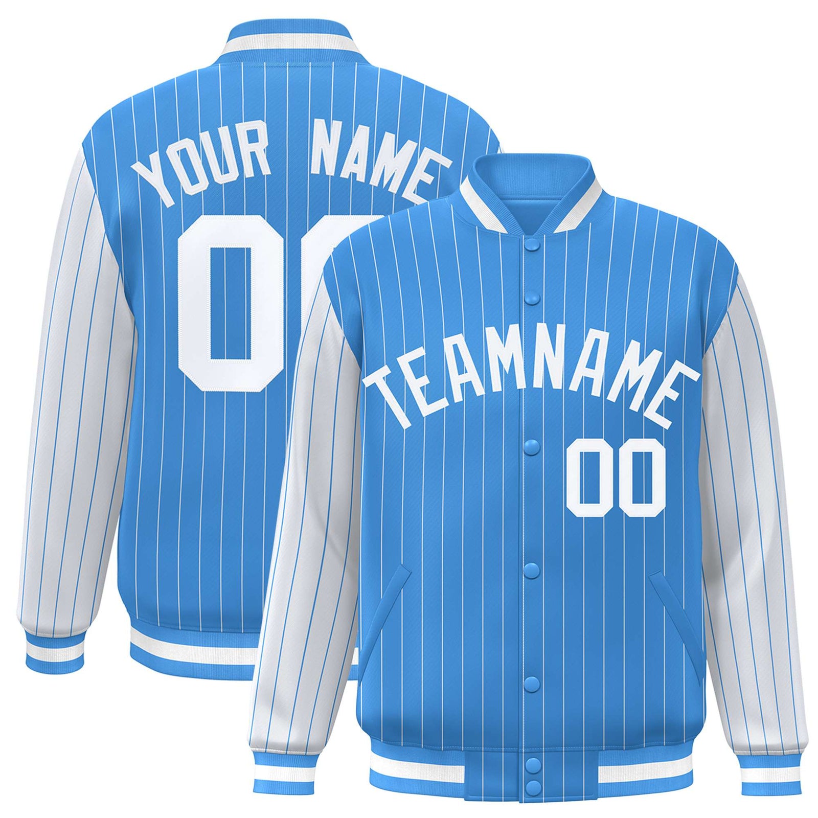Custom Light Blue White Pinstripe White Bomber Full-Snap Varsity Letterman Jacket