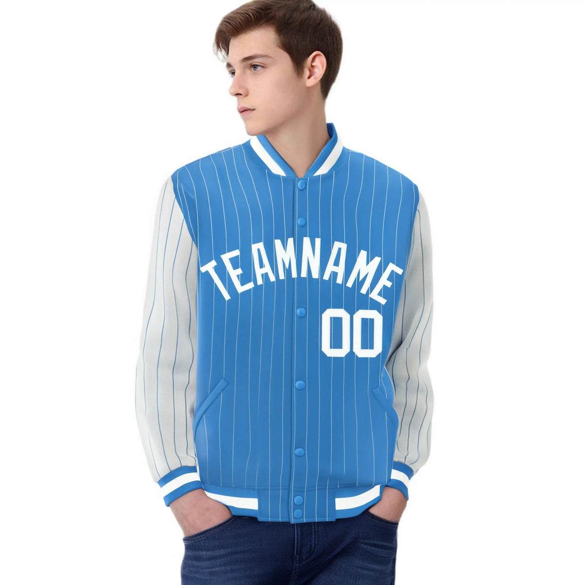 Custom Light Blue White Pinstripe White Bomber Full-Snap Varsity Letterman Jacket