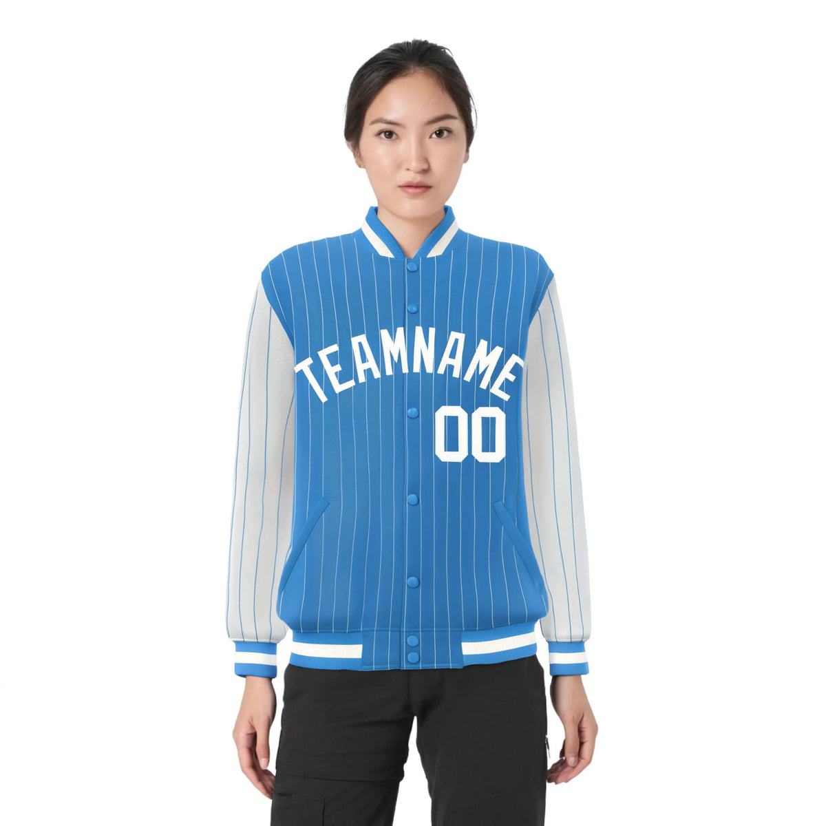Custom Light Blue White Pinstripe White Bomber Full-Snap Varsity Letterman Jacket