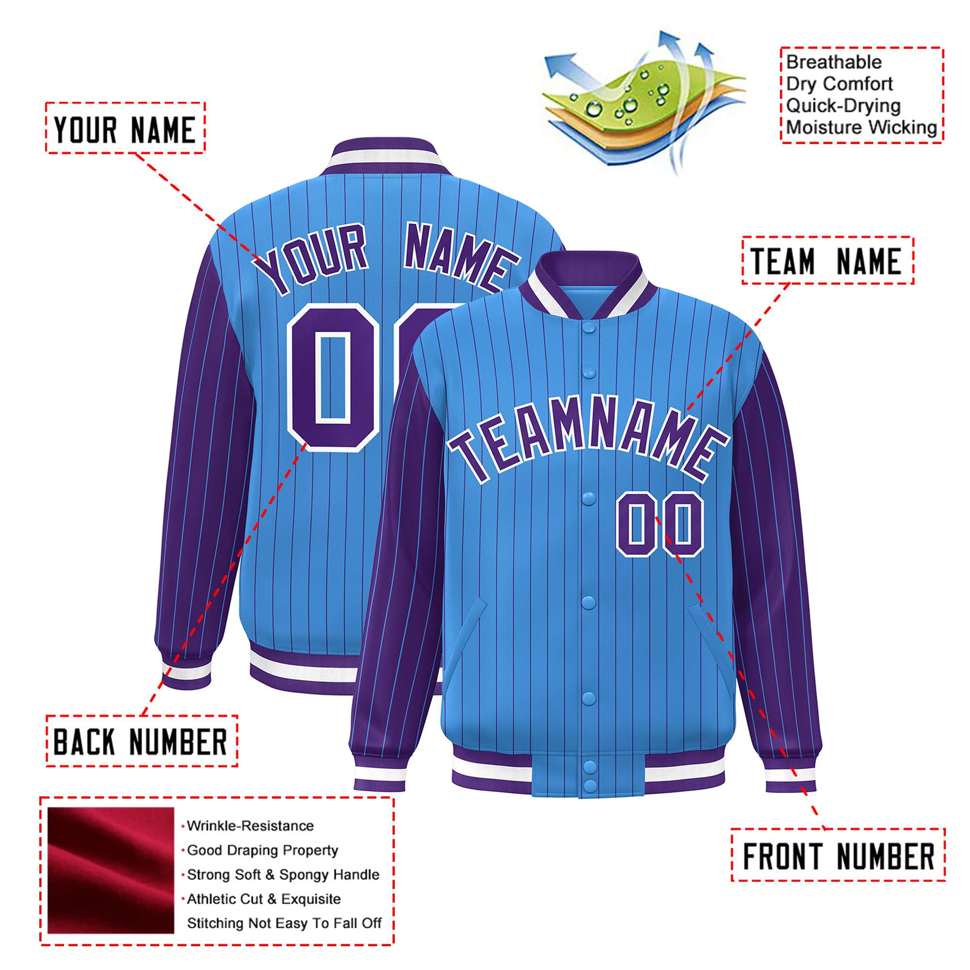 Custom Powder Blue Purple Pinstripe White-Purple Bomber Full-Snap Varsity Letterman Jacket