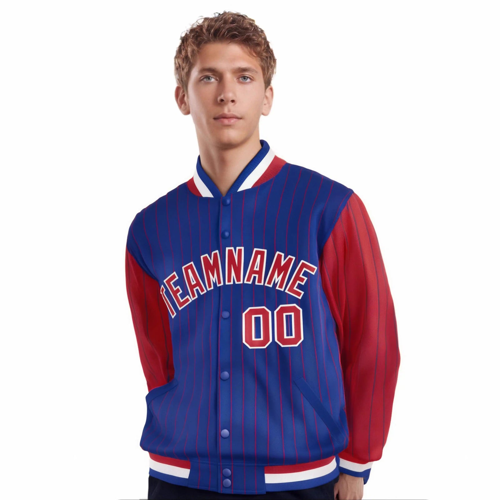Custom Royal-Blue Red Pinstripe White-Red Bomber Full-Snap Varsity Letterman Jacket