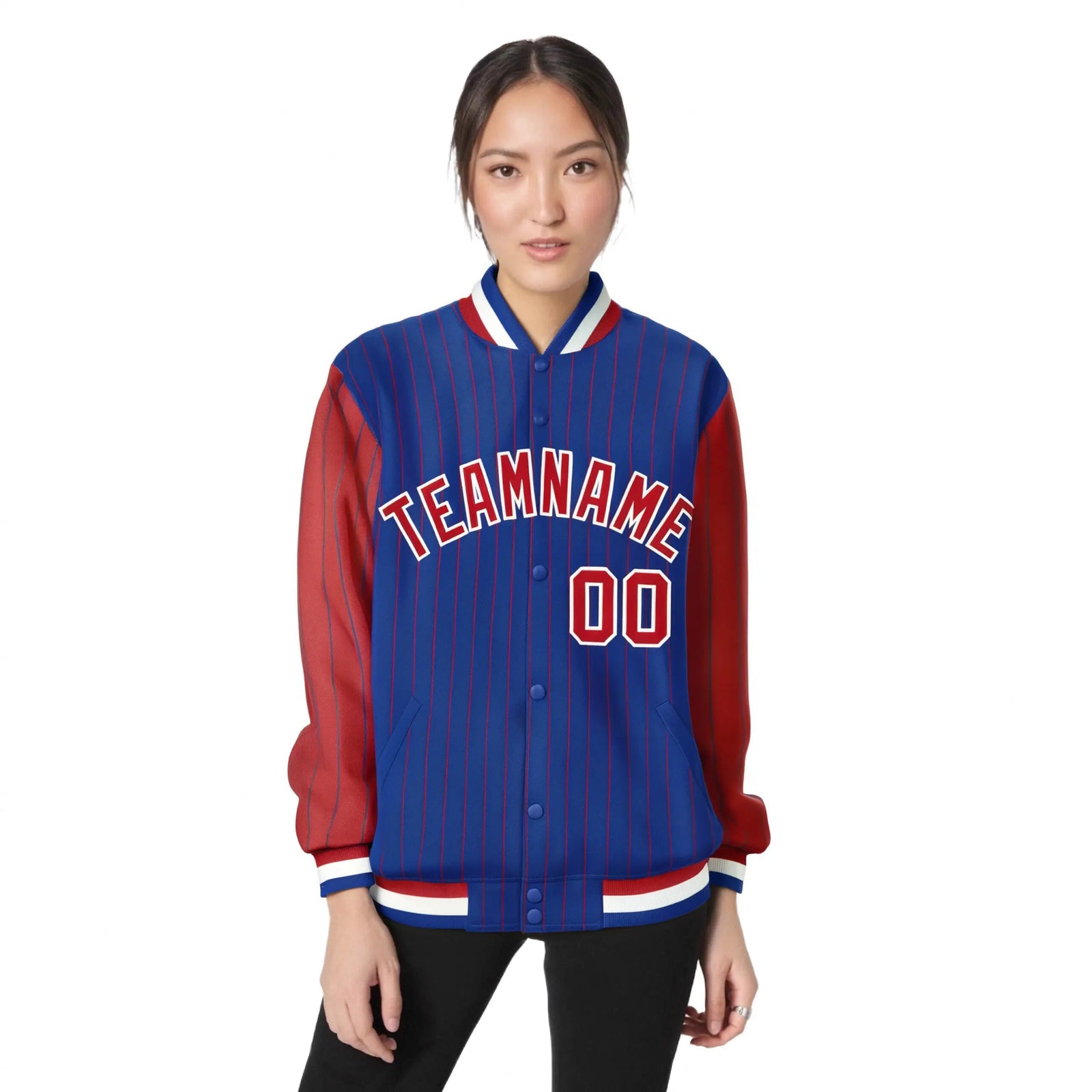 Custom Royal-Blue Red Pinstripe White-Red Bomber Full-Snap Varsity Letterman Jacket