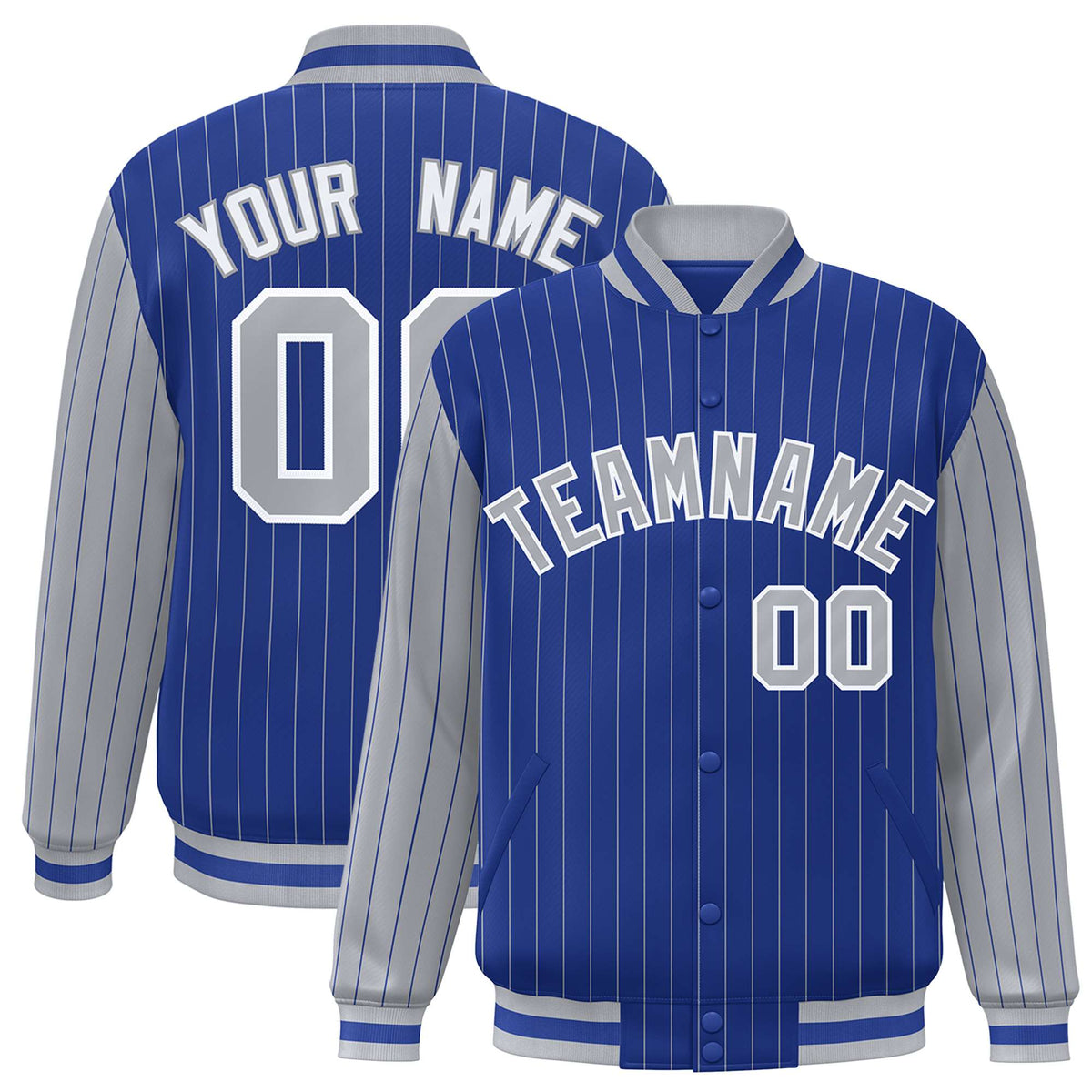 Custom Royal-Blue Gray Pinstripe White-Gray Bomber Full-Snap Varsity Letterman Jacket
