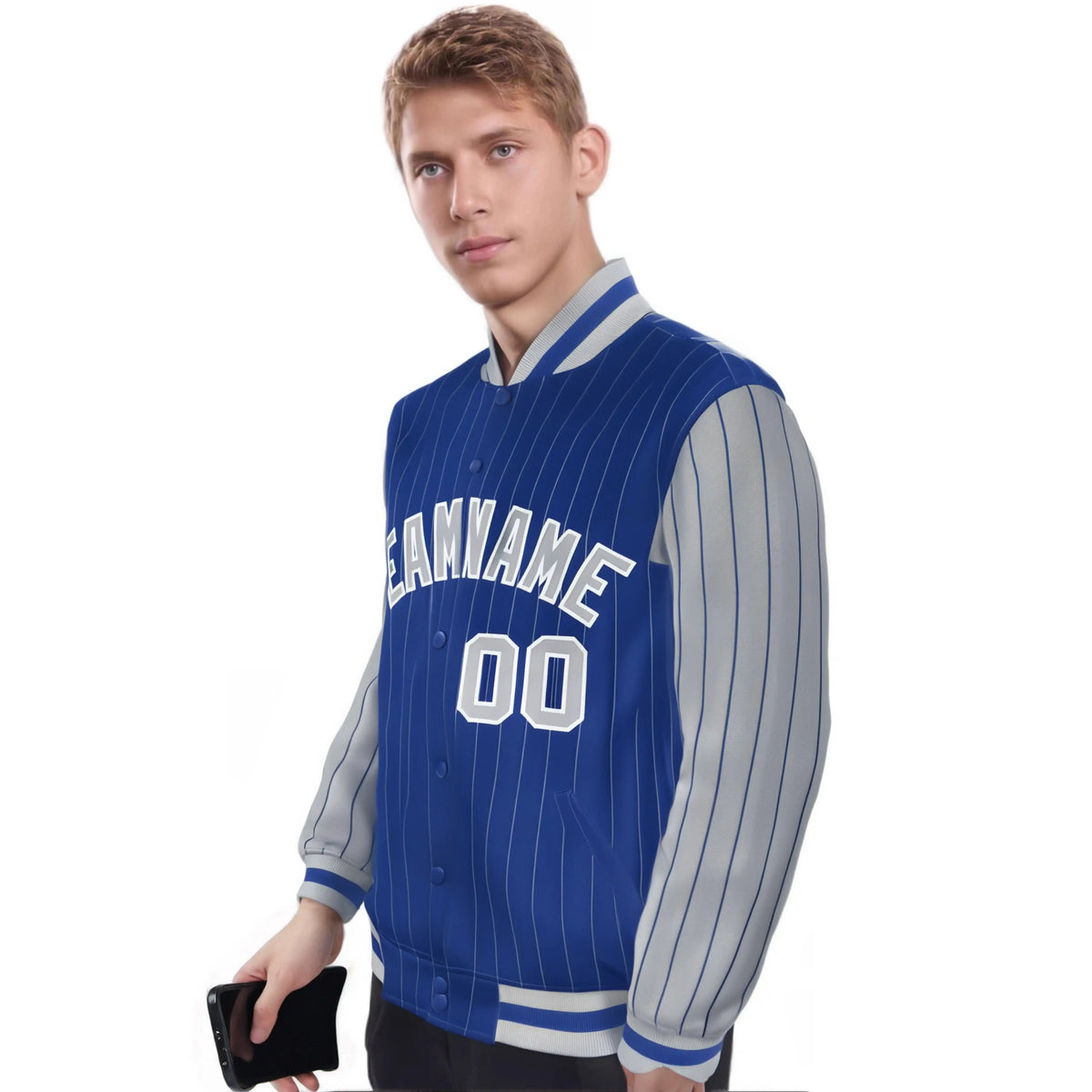 Custom Royal-Blue Gray Pinstripe White-Gray Bomber Full-Snap Varsity Letterman Jacket