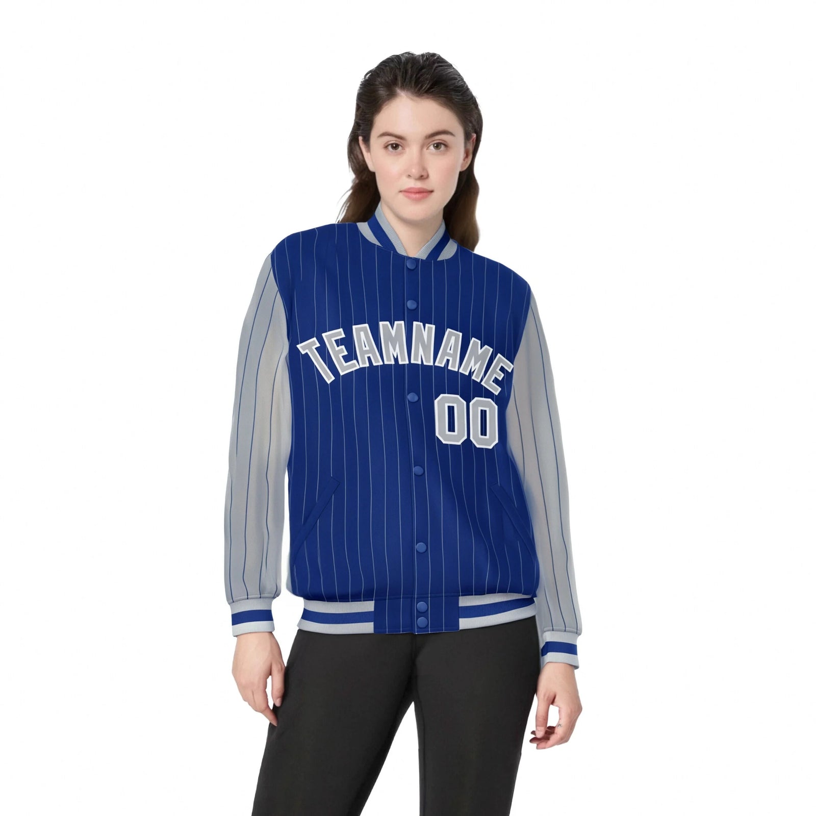 Custom Royal-Blue Gray Pinstripe White-Gray Bomber Full-Snap Varsity Letterman Jacket