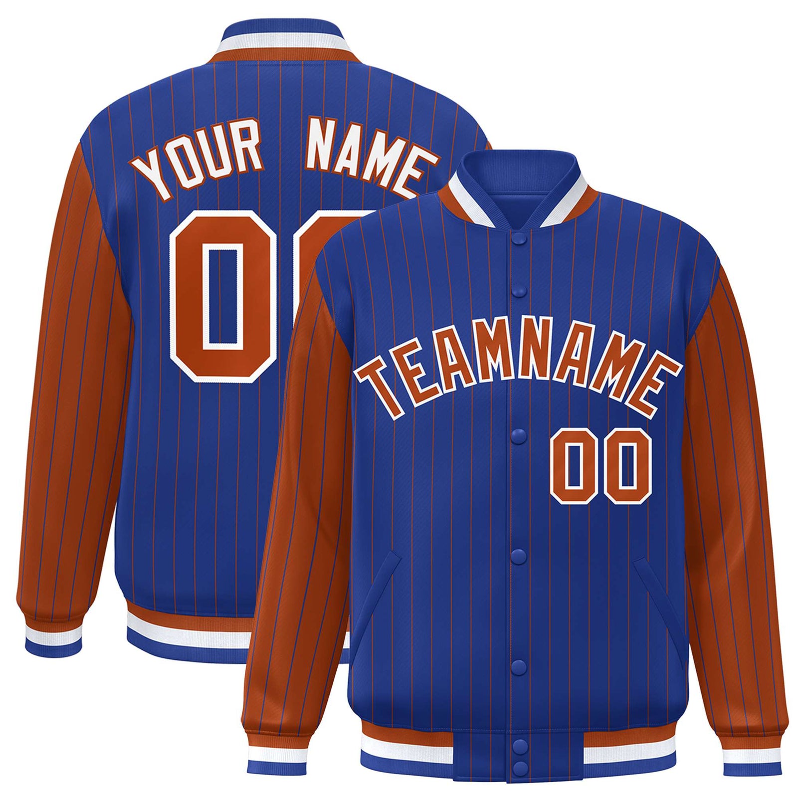 Custom Royal-Blue Brown Pinstripe White-Brown Bomber Full-Snap Varsity Letterman Jacket
