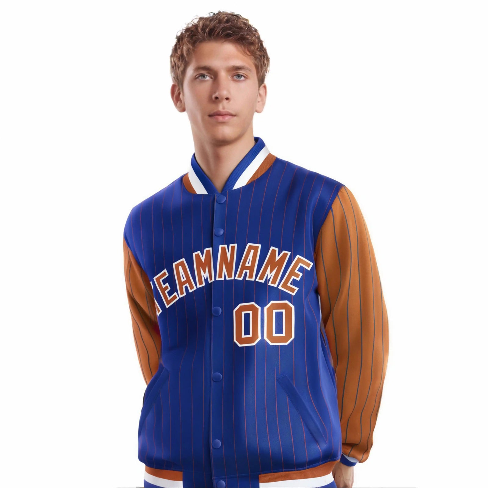 Custom Royal-Blue Brown Pinstripe White-Brown Bomber Full-Snap Varsity Letterman Jacket