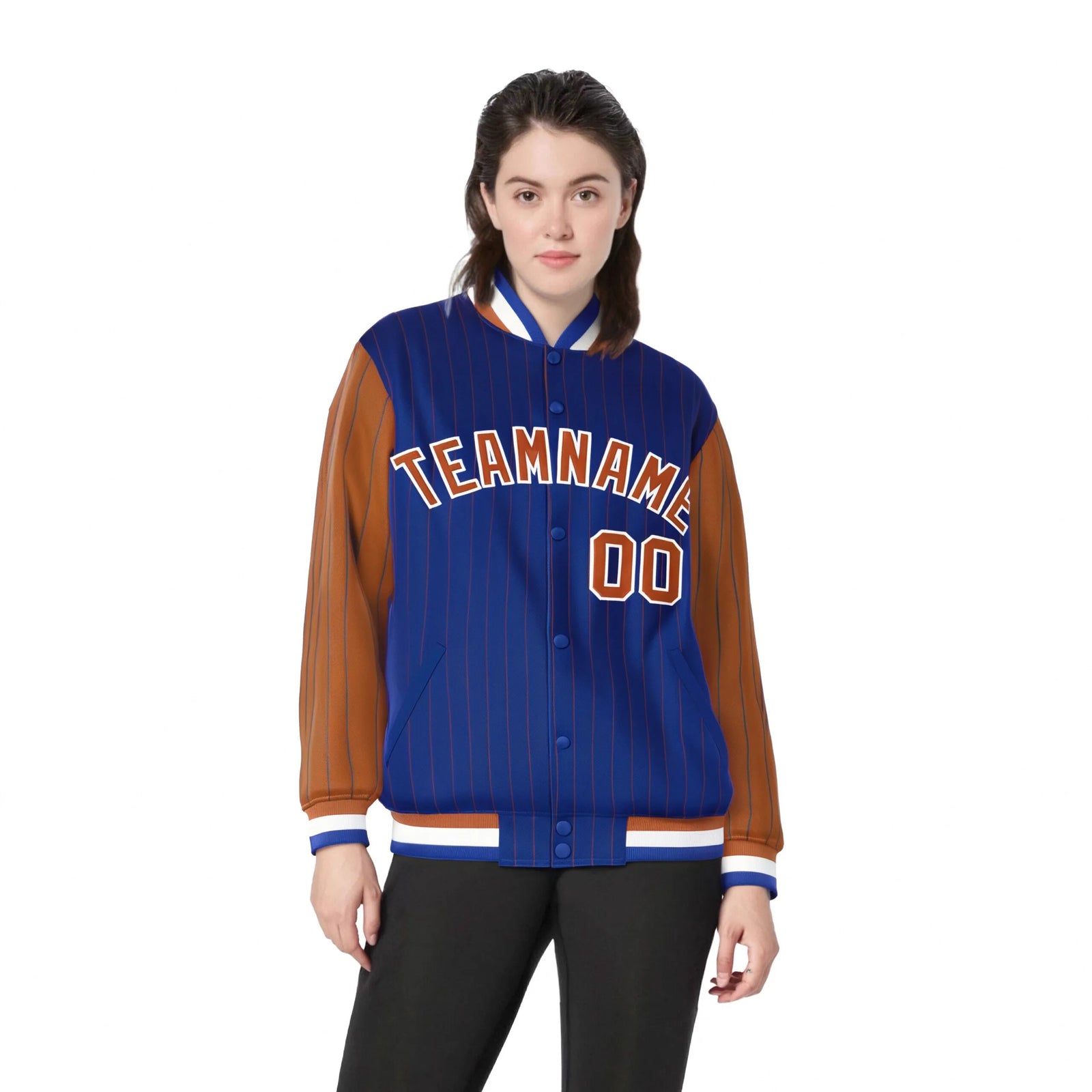 Custom Royal-Blue Brown Pinstripe White-Brown Bomber Full-Snap Varsity Letterman Jacket