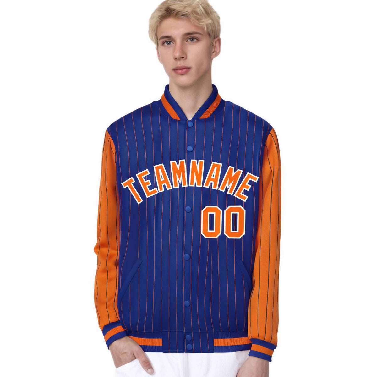 Custom Royal-Blue Orange Pinstripe White-Orange Bomber Full-Snap Varsity Letterman Jacket