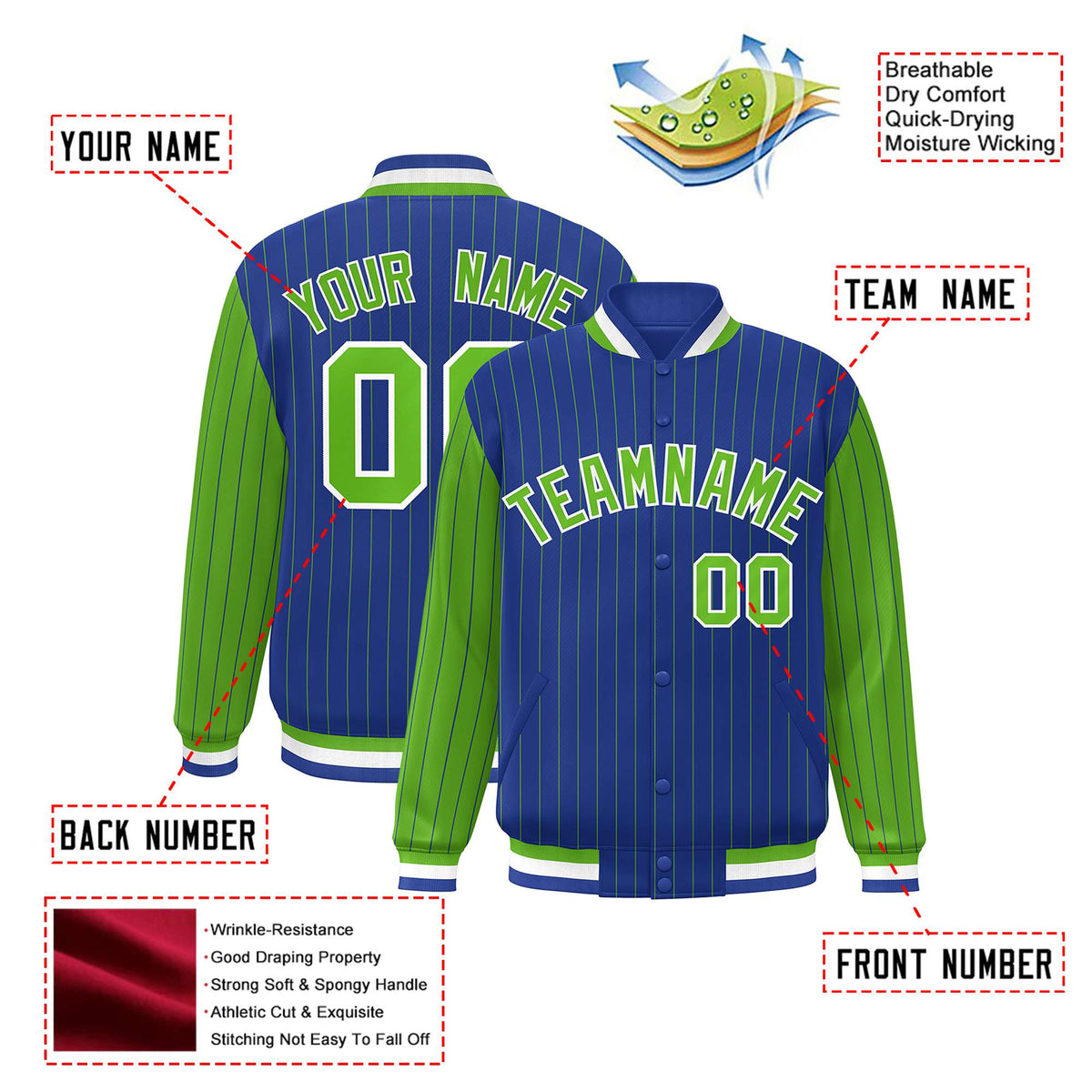 Custom Royal-Blue Neon-Green Pinstripe White Neon-Green Bomber Full-Snap Varsity Letterman Jacket