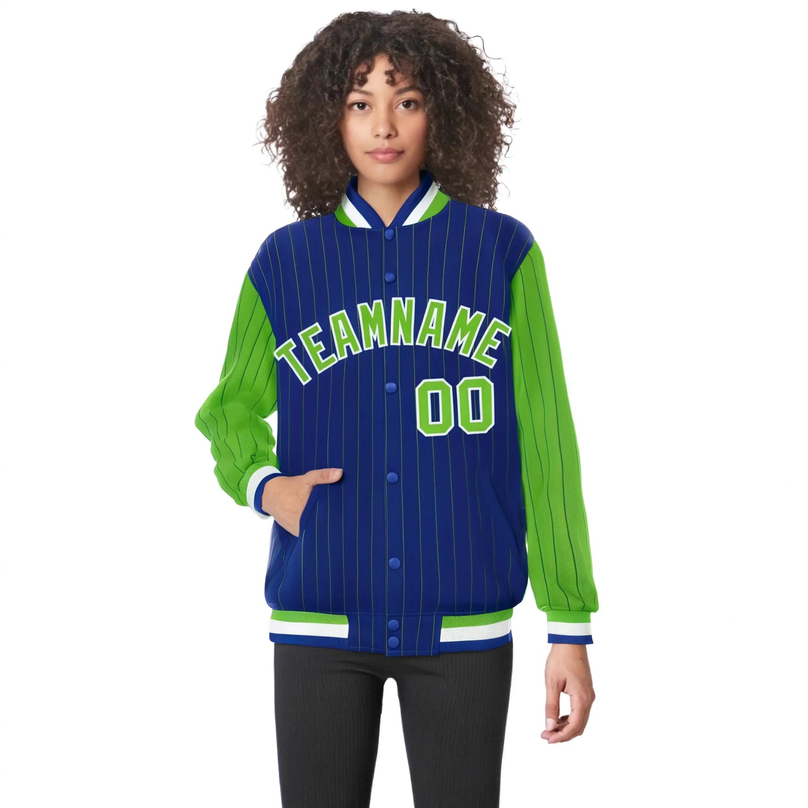 Custom Royal-Blue Neon-Green Pinstripe White Neon-Green Bomber Full-Snap Varsity Letterman Jacket