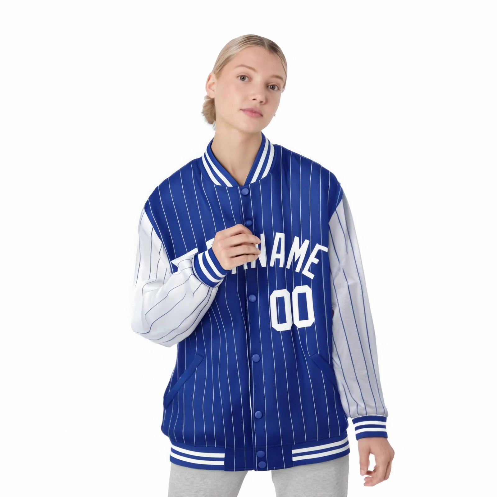 Custom Royal-Blue White Pinstripe White Bomber Full-Snap Varsity Letterman Jacket