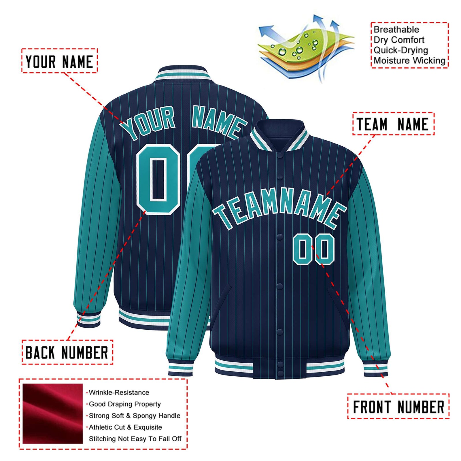 Custom Navy-Aqua Pinstripe White-Aqua Bomber Full-Snap Varsity Letterman Jacket