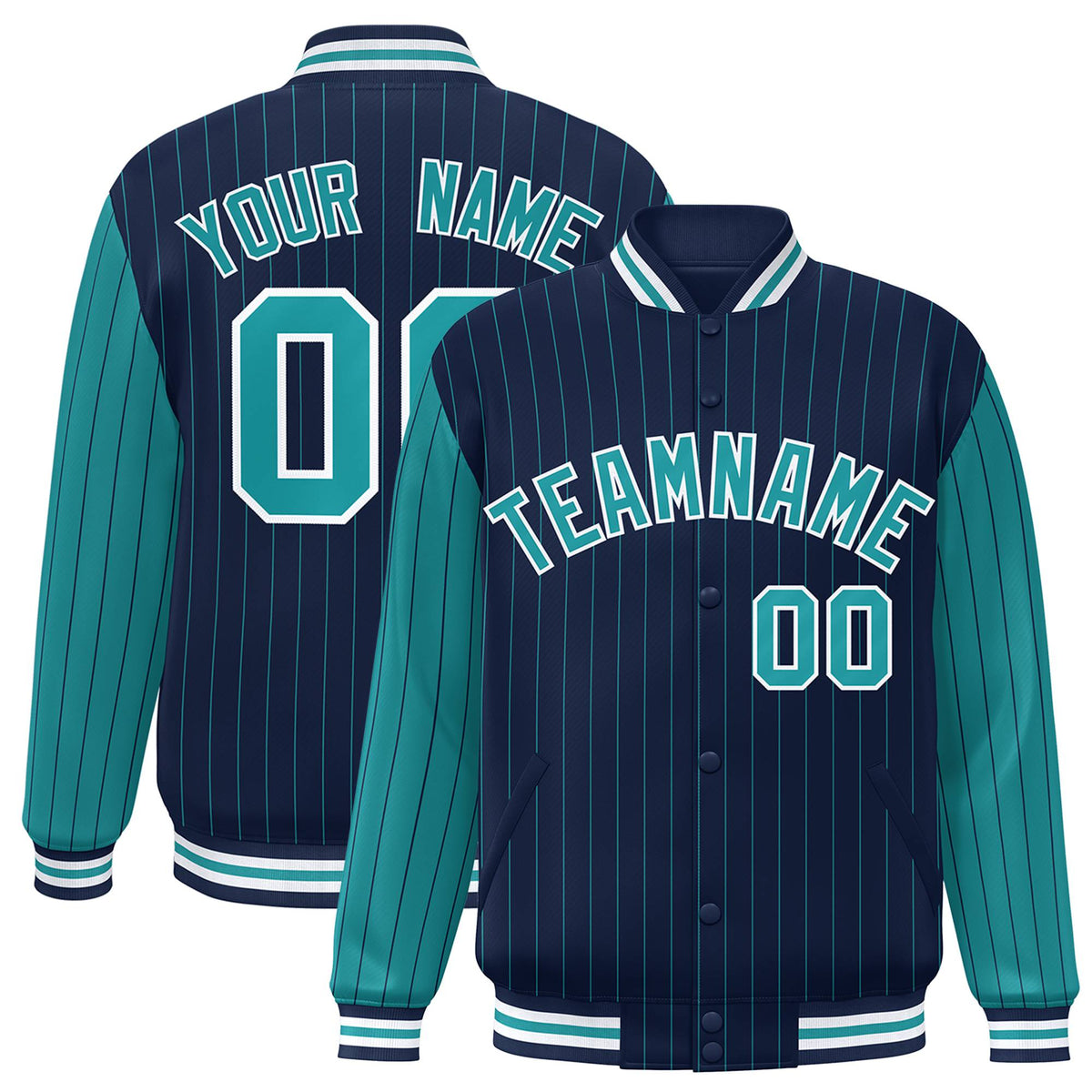 Custom Navy-Aqua Pinstripe White-Aqua Bomber Full-Snap Varsity Letterman Jacket