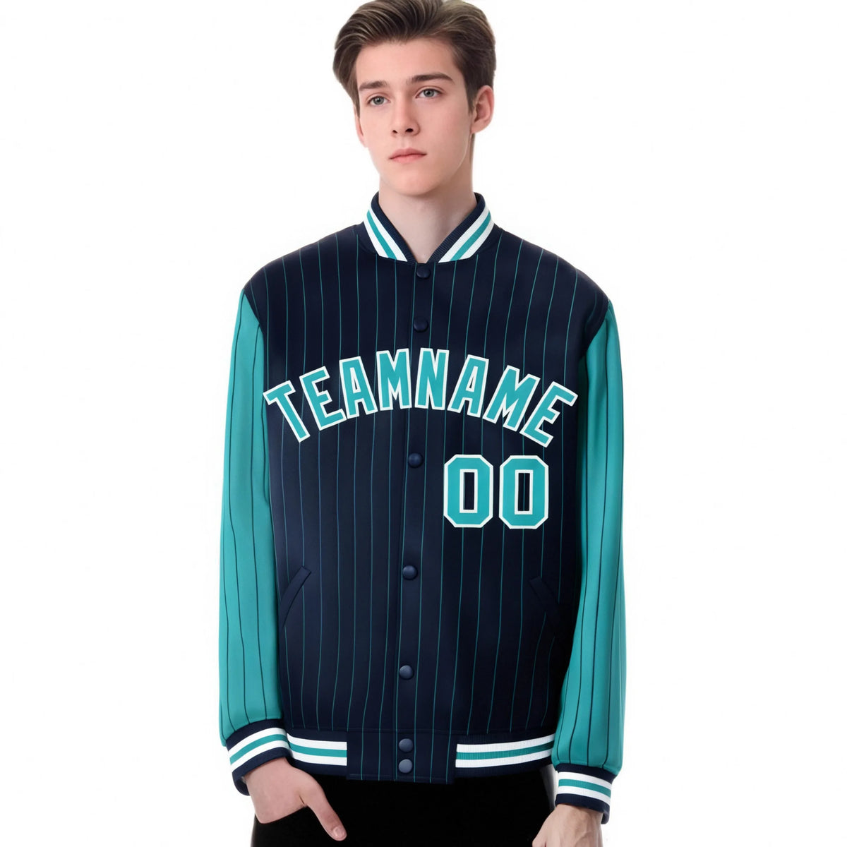 Custom Navy-Aqua Pinstripe White-Aqua Bomber Full-Snap Varsity Letterman Jacket