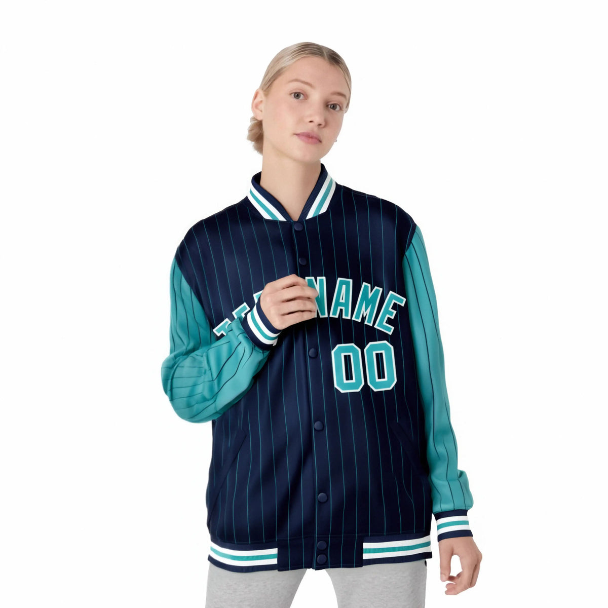 Custom Navy-Aqua Pinstripe White-Aqua Bomber Full-Snap Varsity Letterman Jacket