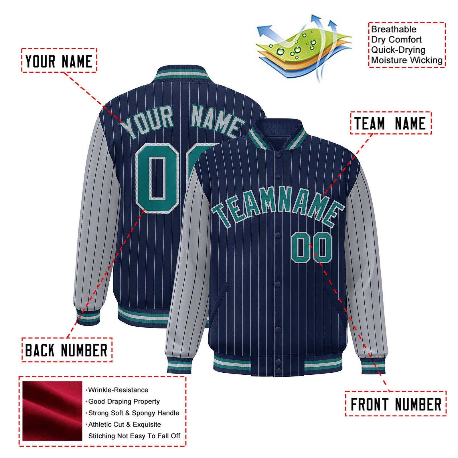 Custom Navy-Gray Pinstripe Gray-Aqua Bomber Full-Snap Varsity Letterman Jacket