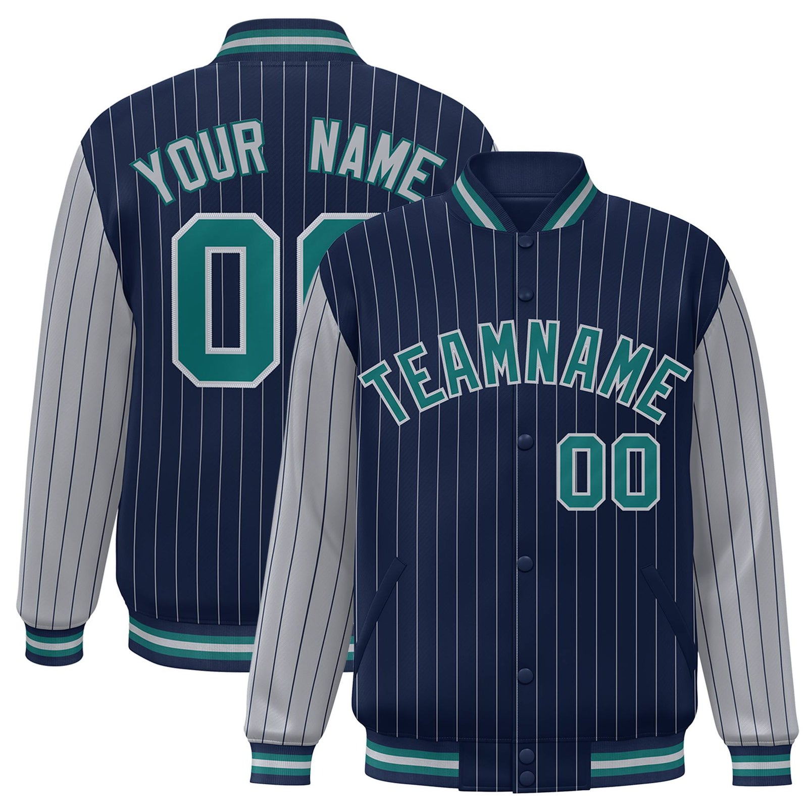 Custom Navy-Gray Pinstripe Gray-Aqua Bomber Full-Snap Varsity Letterman Jacket