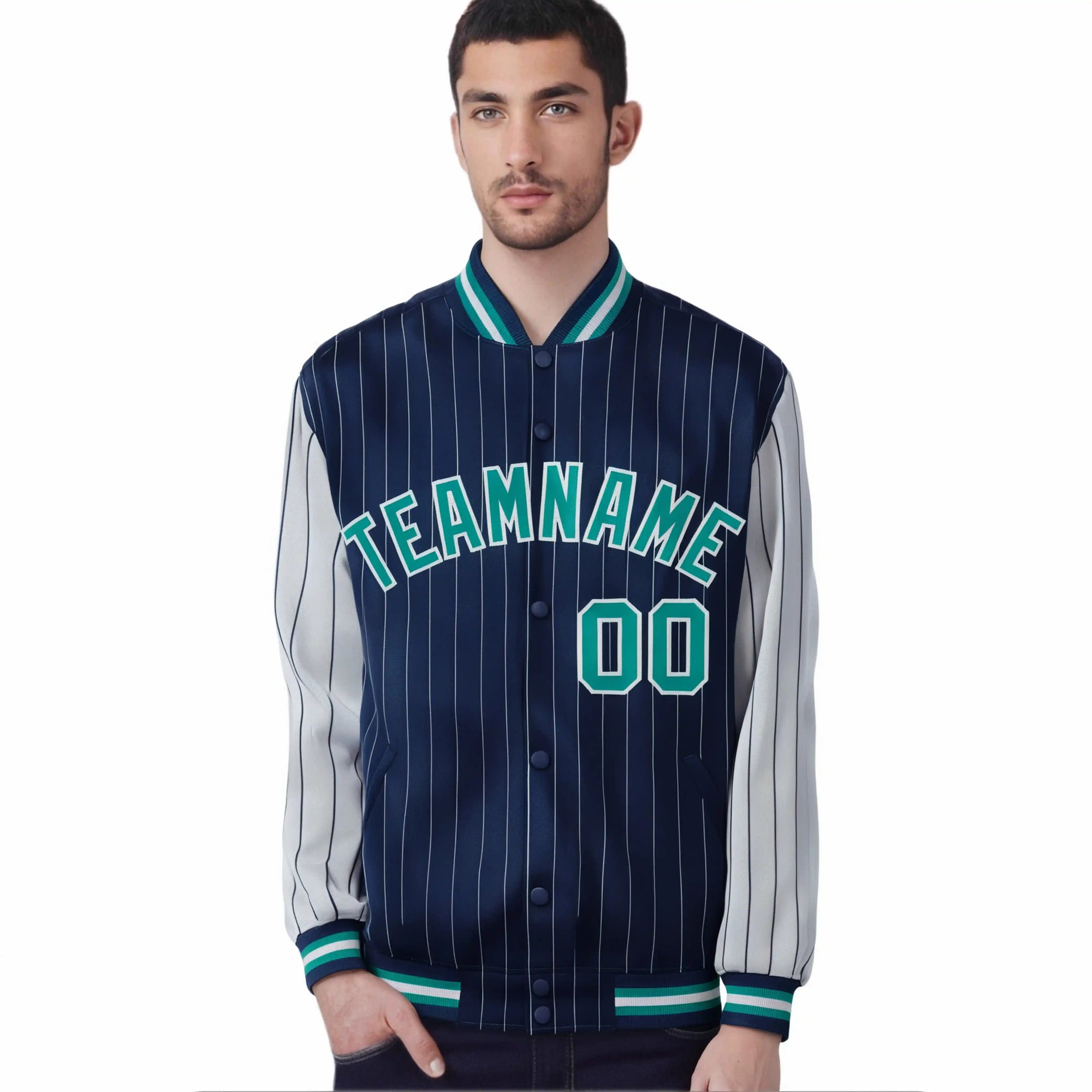 Custom Navy-Gray Pinstripe Gray-Aqua Bomber Full-Snap Varsity Letterman Jacket