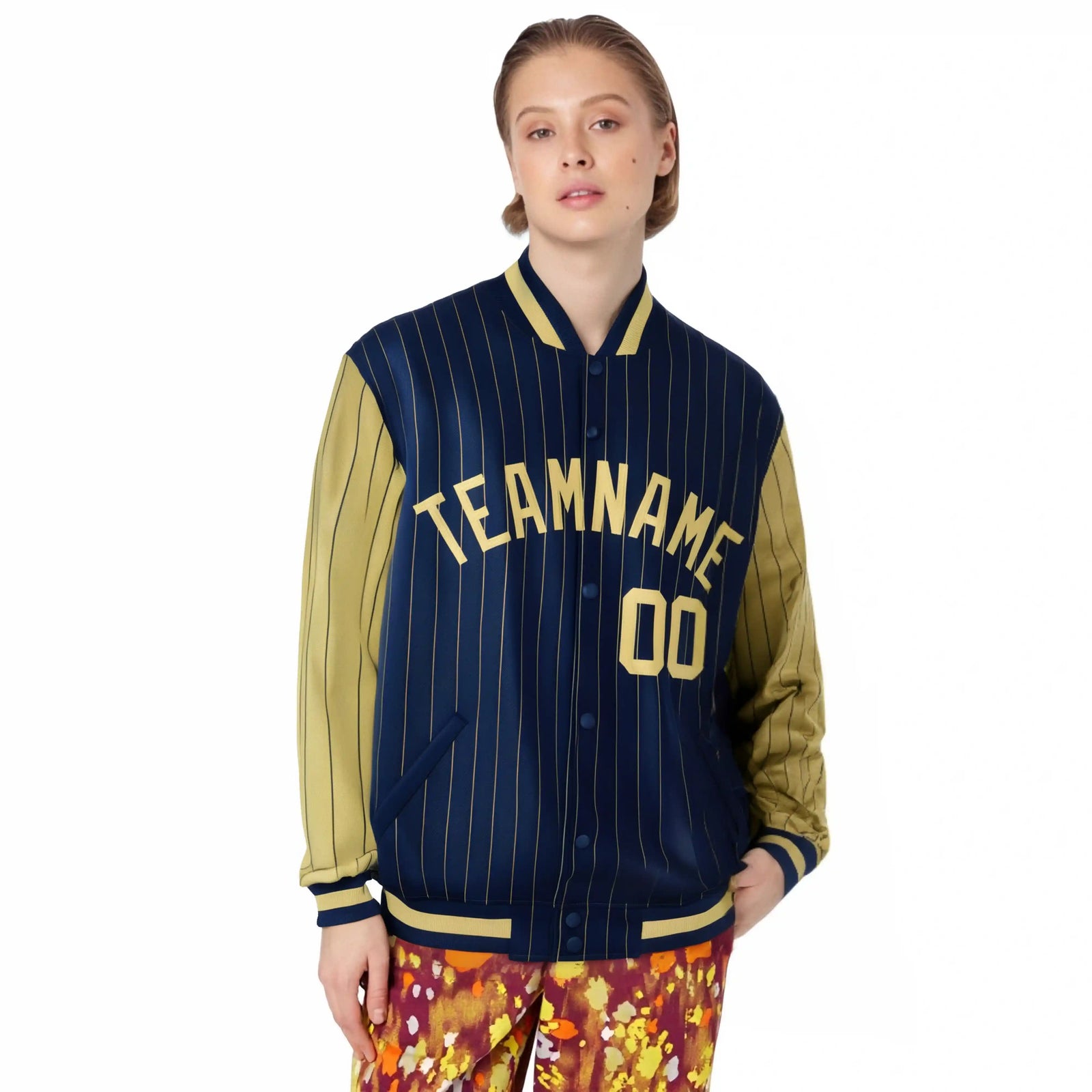 Custom Navy Old-Gold Pinstripe Old-Gold Bomber Full-Snap Varsity Letterman Jacket