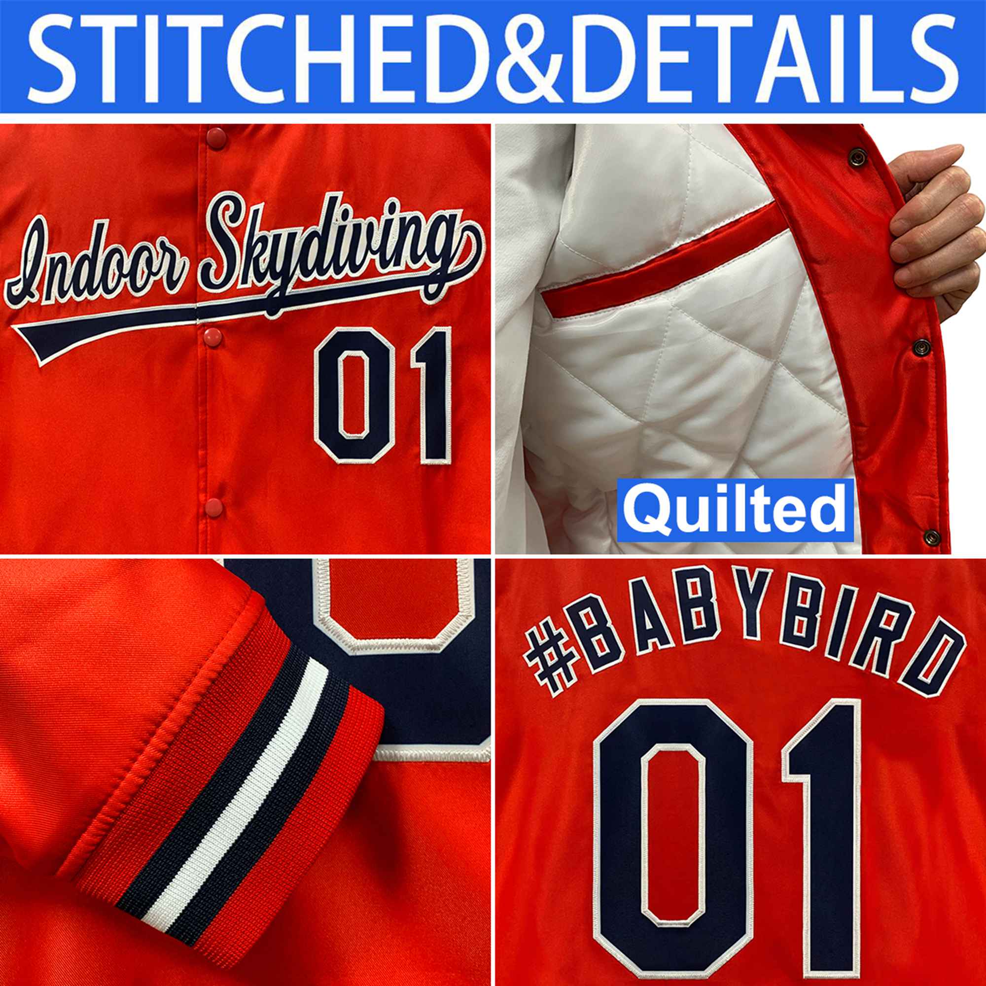 Custom Navy Red Pinstripe Old-Gold Red Bomber Full-Snap Varsity Letterman Jacket