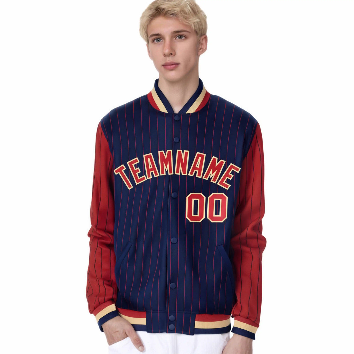Custom Navy Red Pinstripe Old-Gold Red Bomber Full-Snap Varsity Letterman Jacket