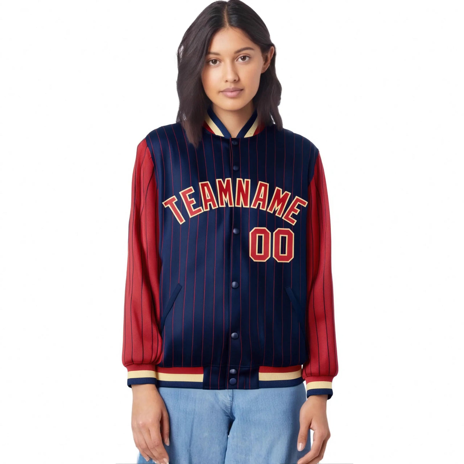 Custom Navy Red Pinstripe Old-Gold Red Bomber Full-Snap Varsity Letterman Jacket