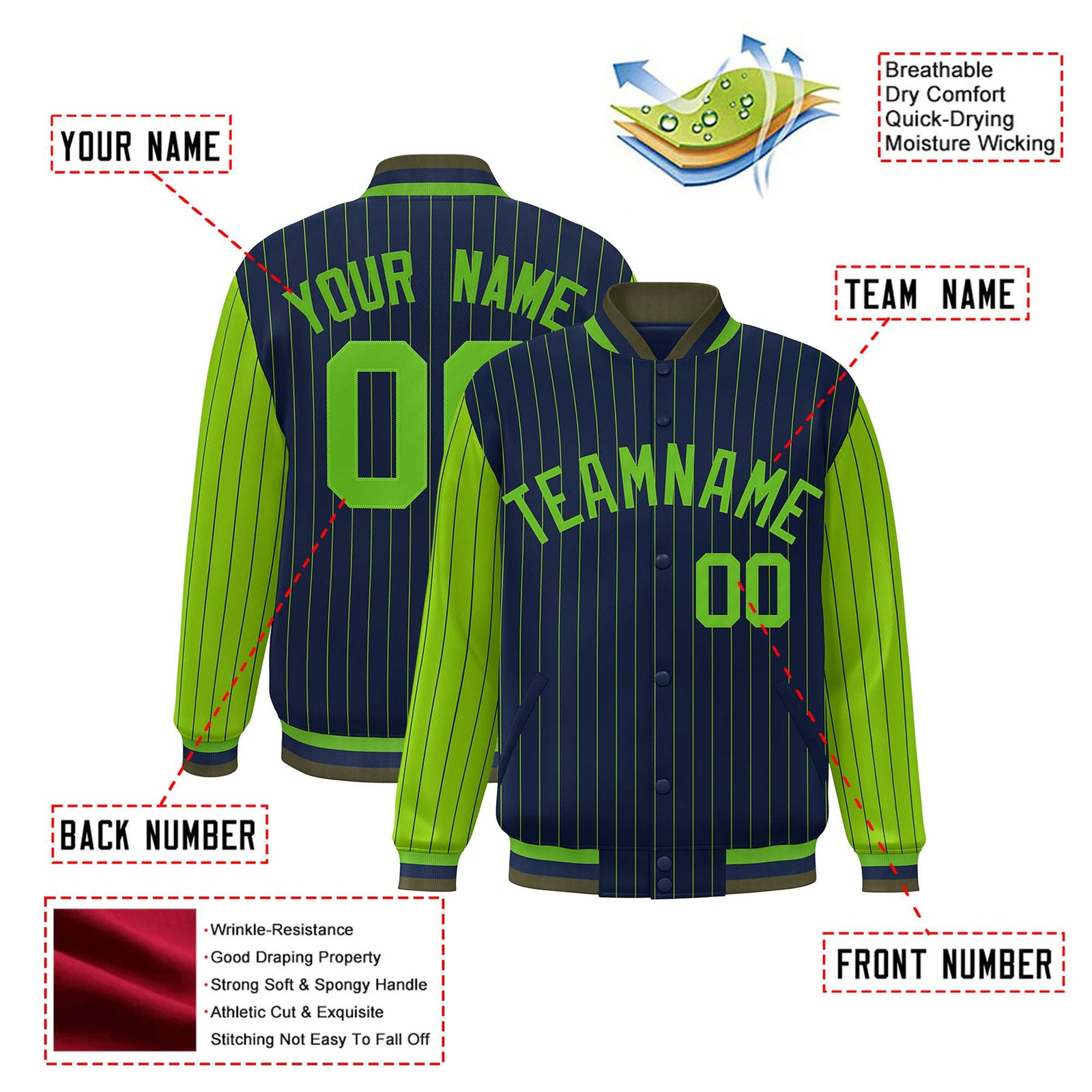 Custom Navy Neon-Green Pinstripe Neon-Green Bomber Full-Snap Varsity Letterman Jacket