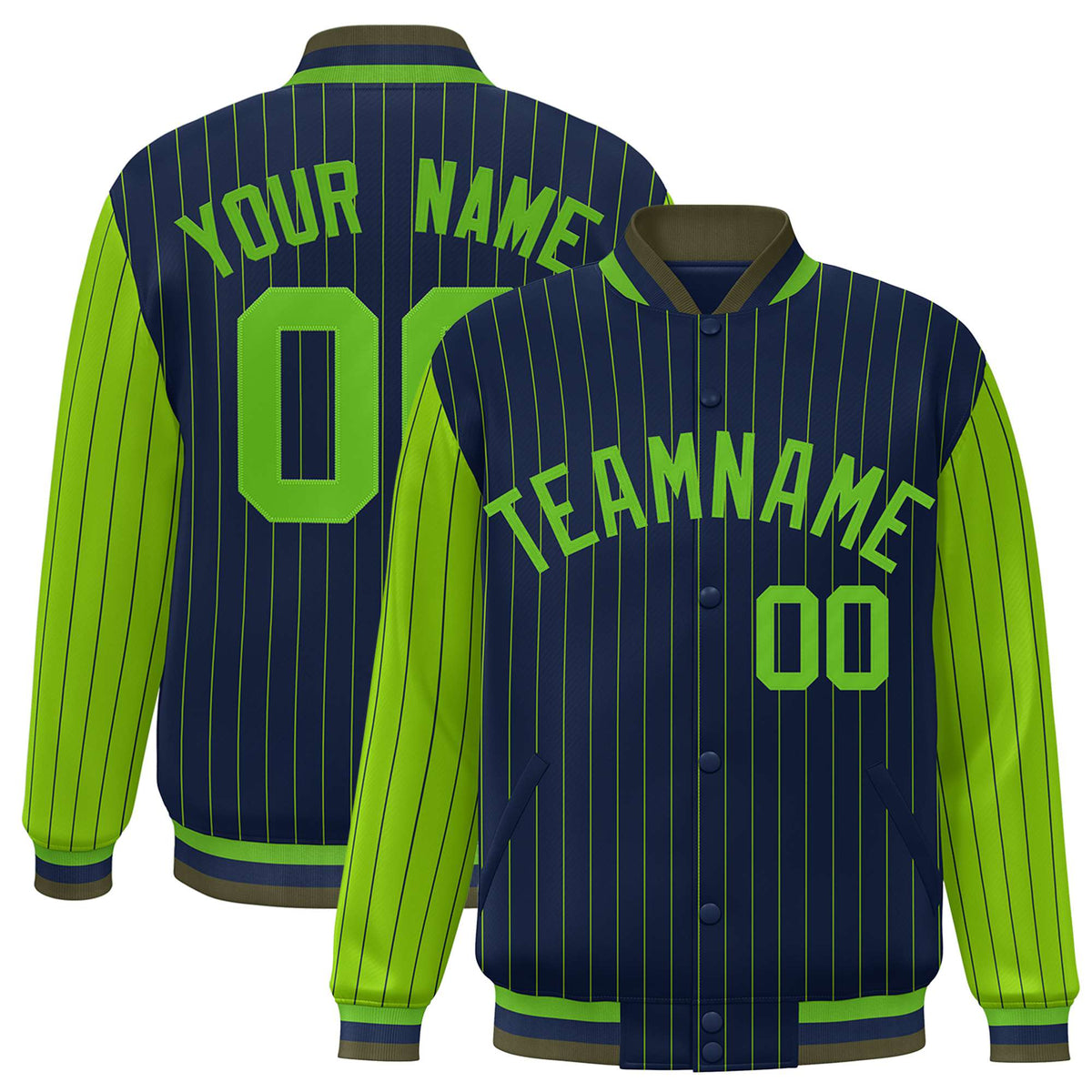 Custom Navy Neon-Green Pinstripe Neon-Green Bomber Full-Snap Varsity Letterman Jacket