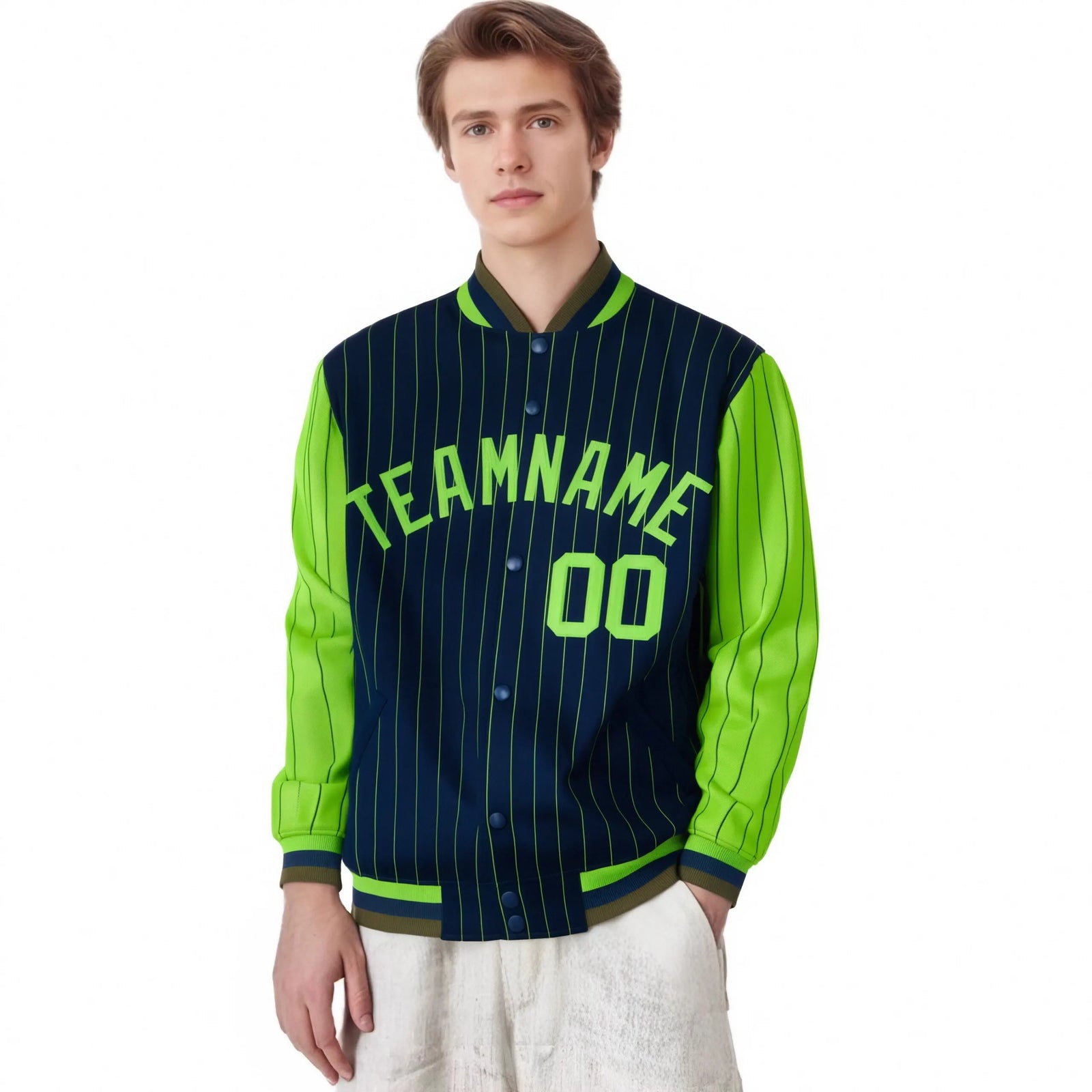 Custom Navy Neon-Green Pinstripe Neon-Green Bomber Full-Snap Varsity Letterman Jacket