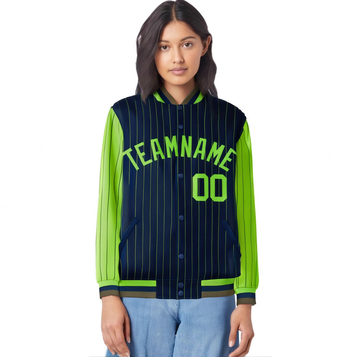 Custom Navy Neon-Green Pinstripe Neon-Green Bomber Full-Snap Varsity Letterman Jacket