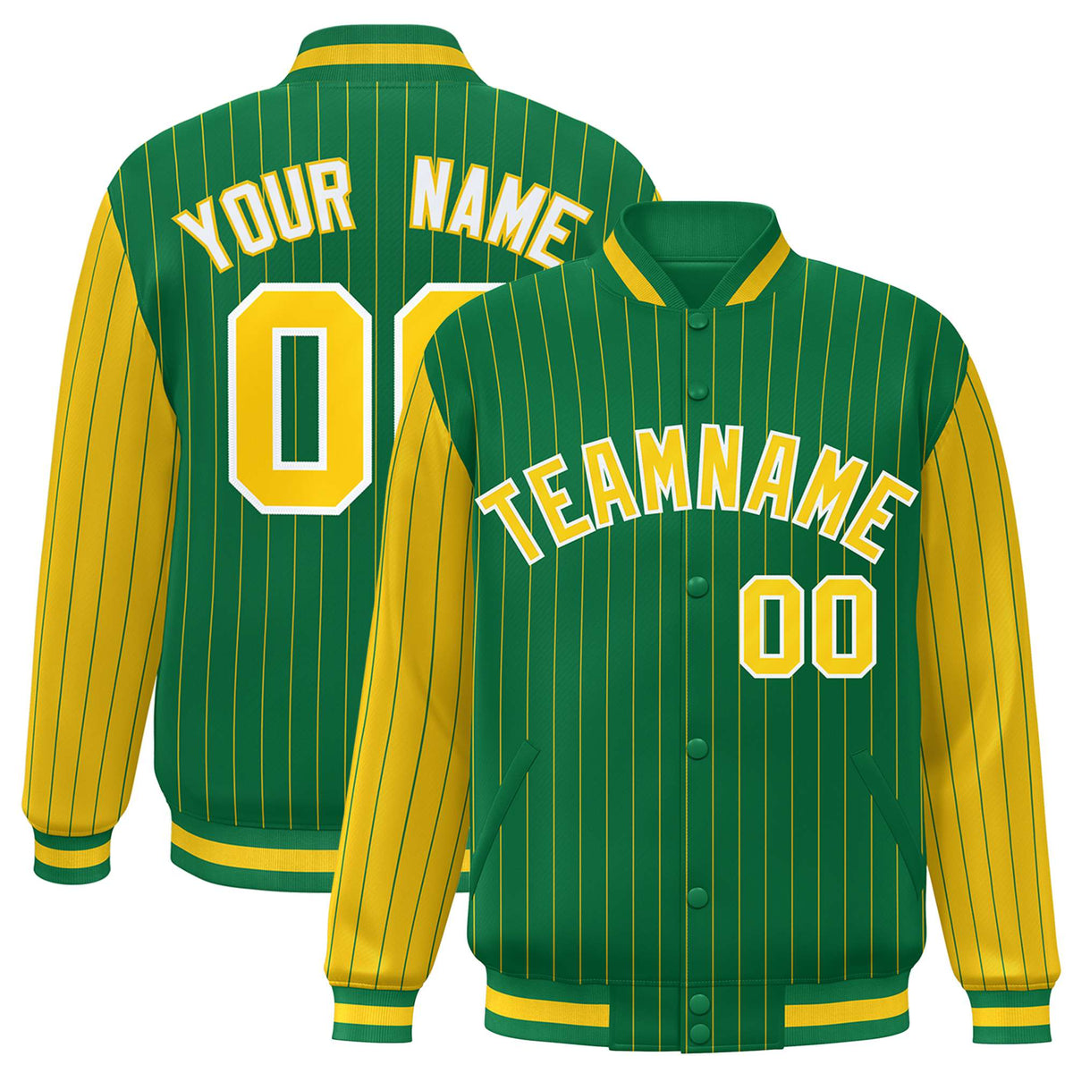 Custom Kelly Green Gold Pinstripe White-Gold Bomber Full-Snap Varsity Letterman Jacket