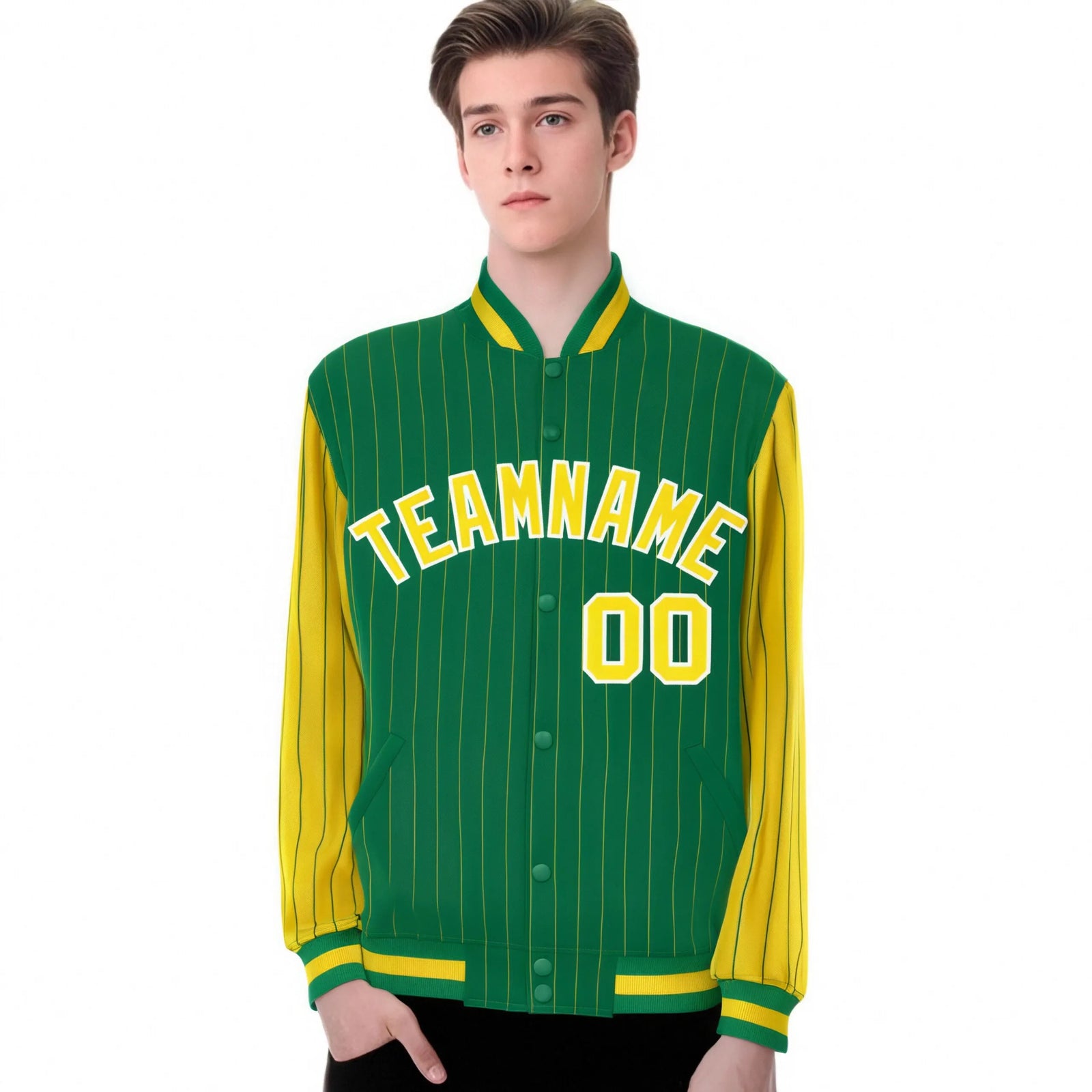 Custom Kelly Green Gold Pinstripe White-Gold Bomber Full-Snap Varsity Letterman Jacket