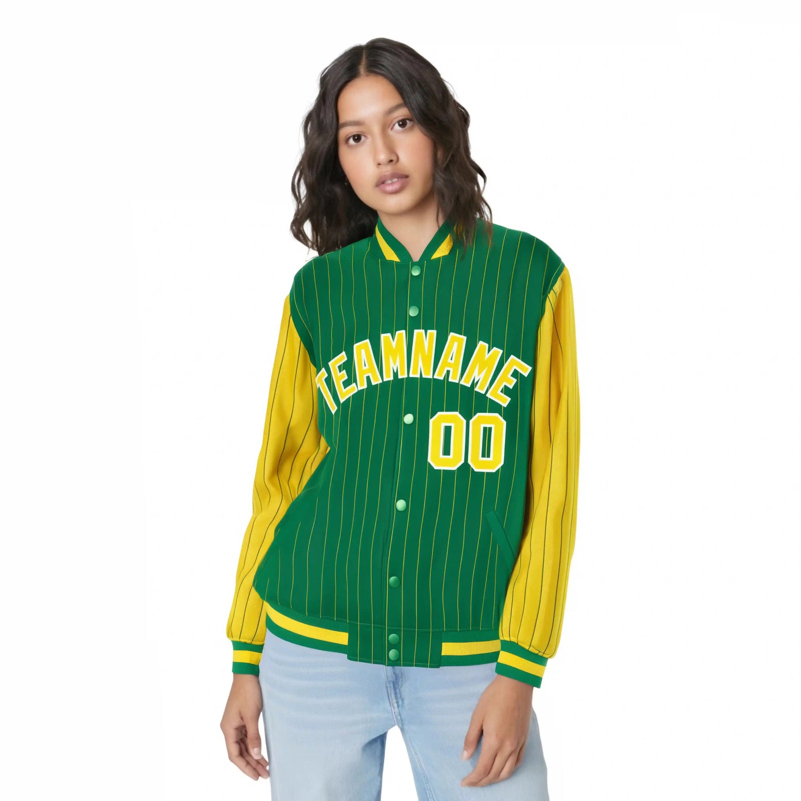 Custom Kelly Green Gold Pinstripe White-Gold Bomber Full-Snap Varsity Letterman Jacket