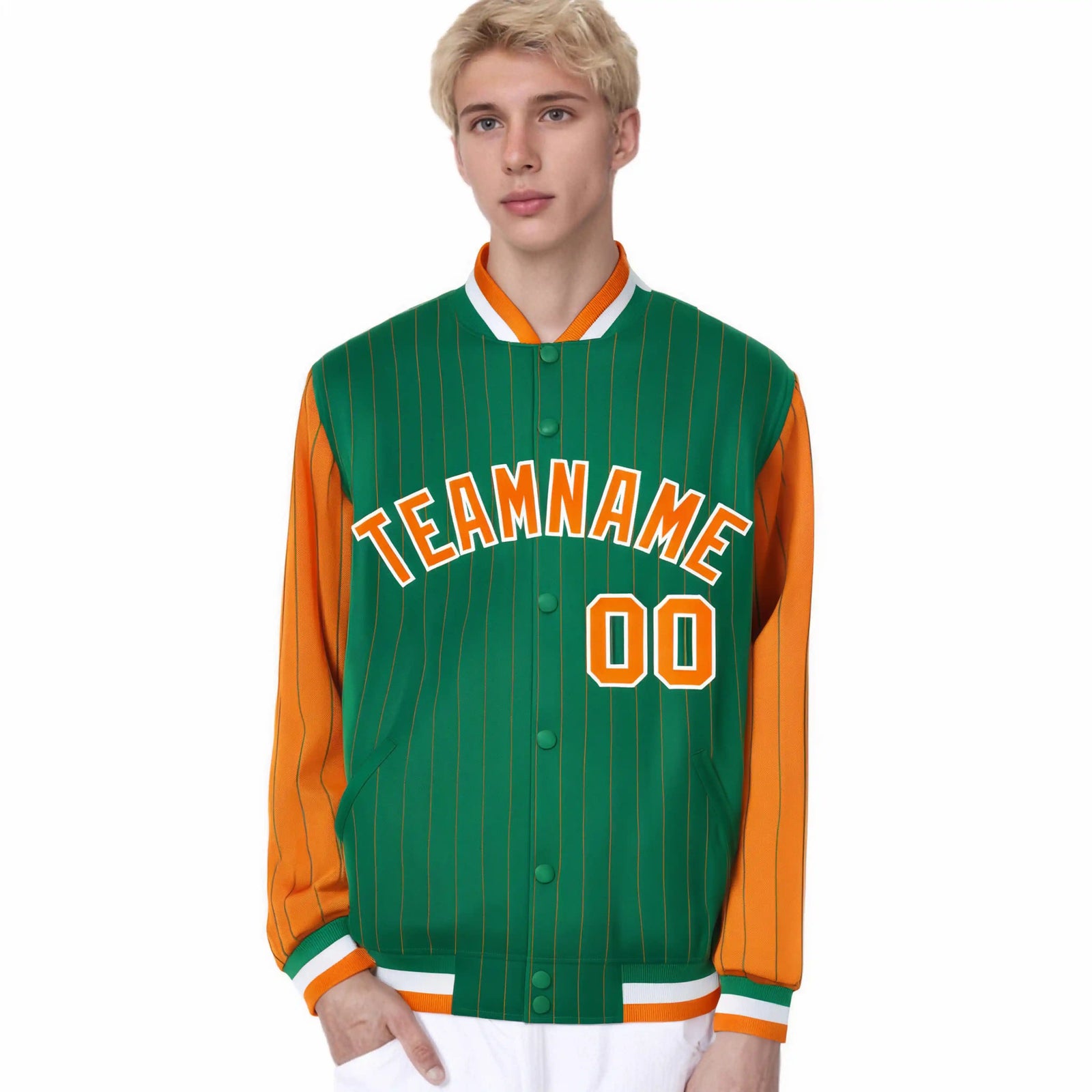 Custom Kelly Green Orange Pinstripe White-Orange Bomber Full-Snap Varsity Letterman Jacket