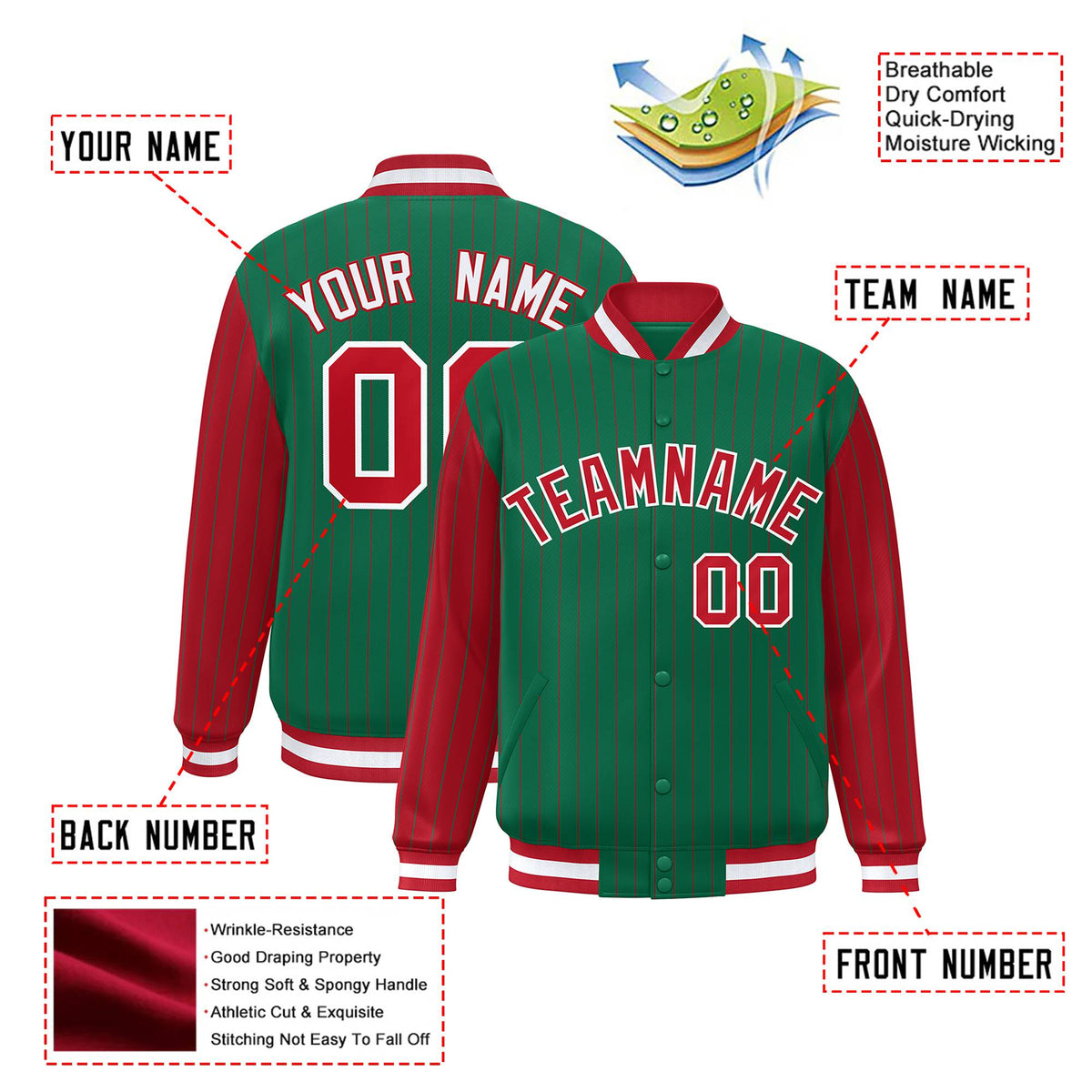 Custom Kelly Green Red Pinstripe White-Red Bomber Full-Snap Varsity Letterman Jacket