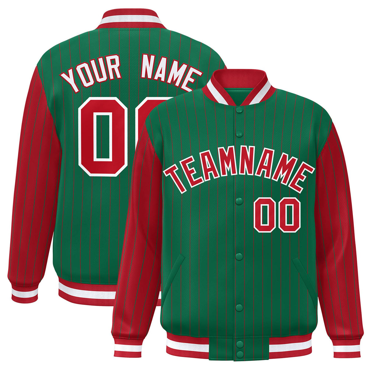 Custom Kelly Green Red Pinstripe White-Red Bomber Full-Snap Varsity Letterman Jacket